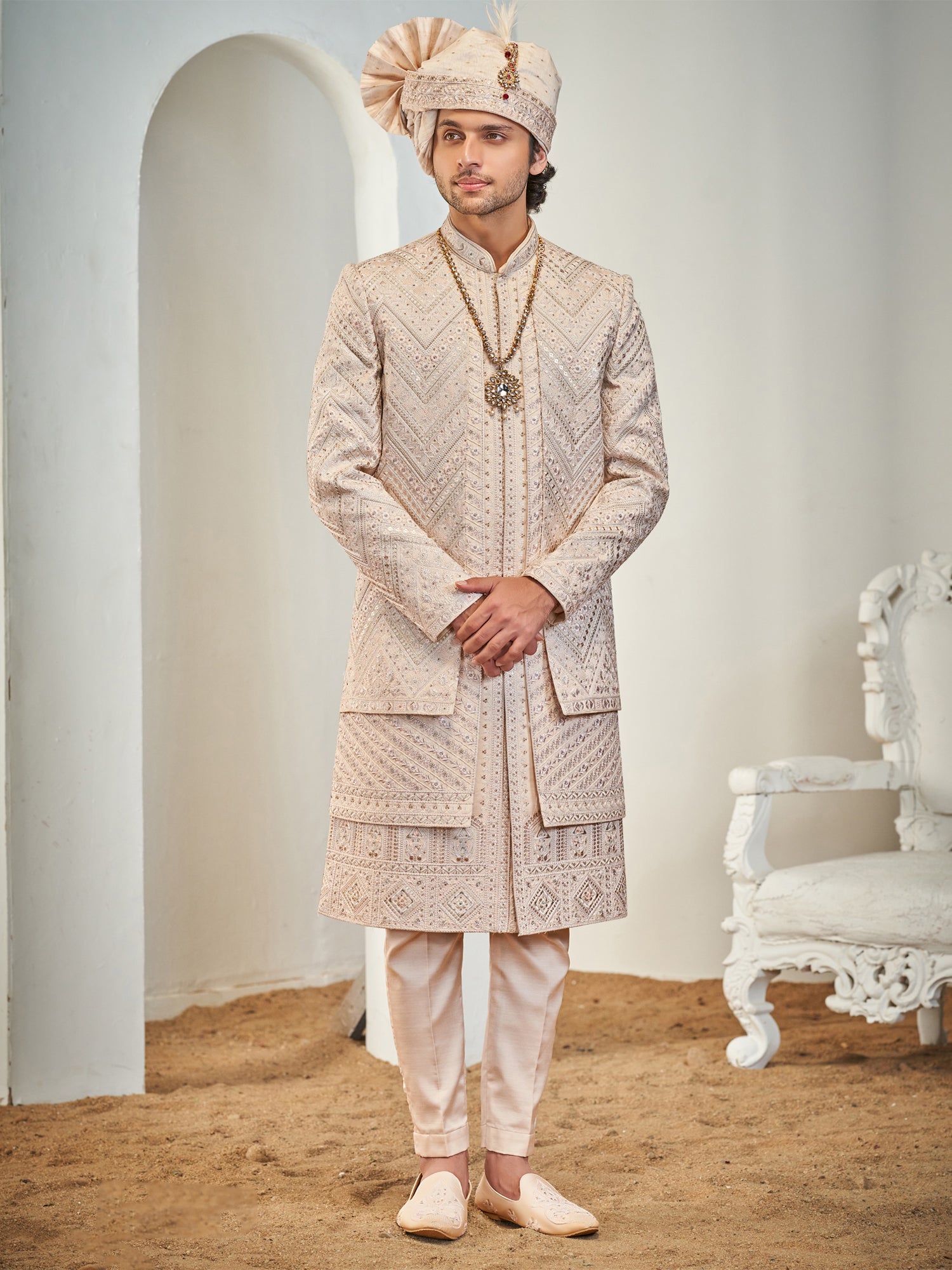 Cream Men's Embroidered Layered Sherwani In Silk