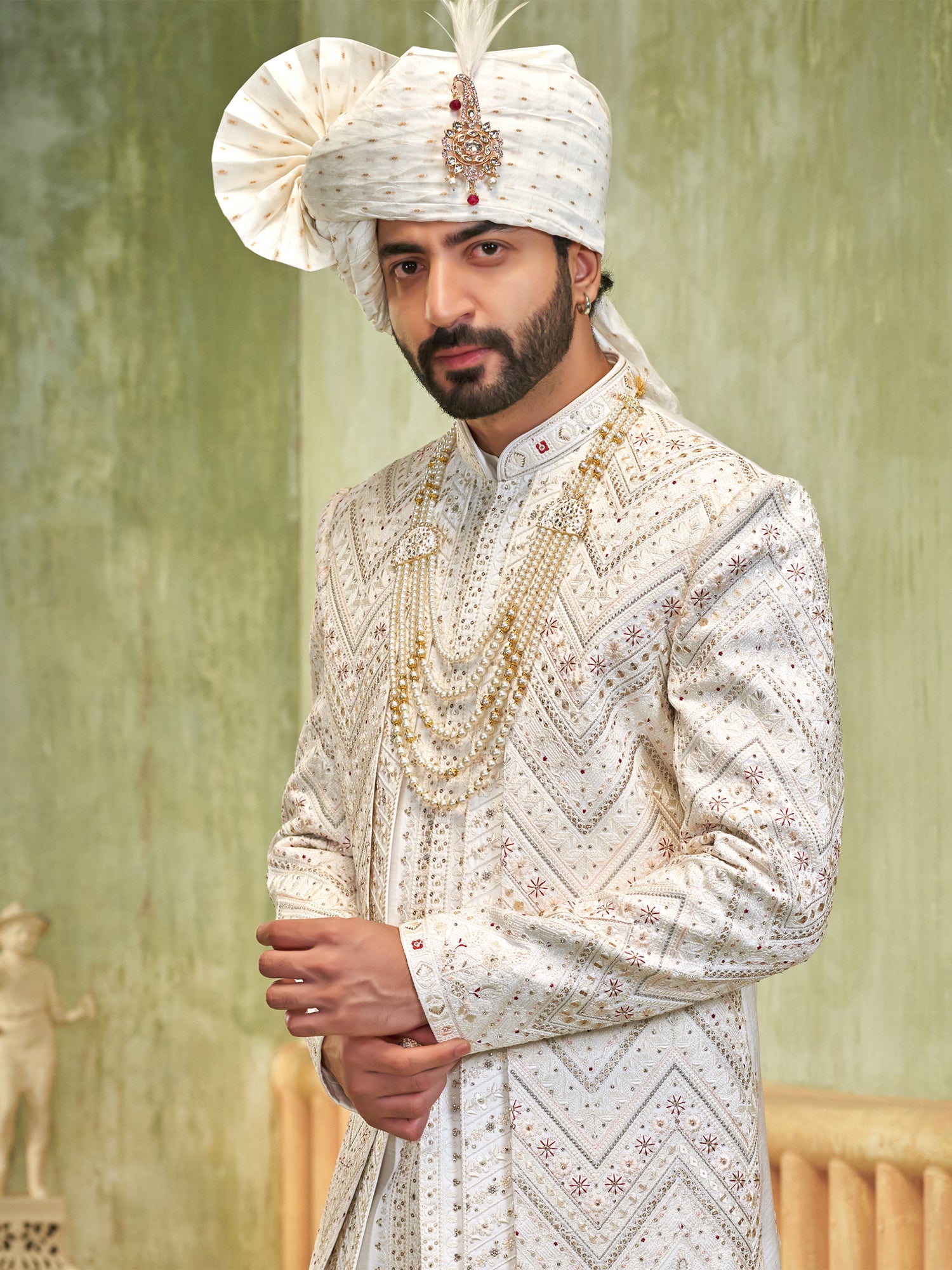 Off White Sequins Enhanced Layered Sherwani Set