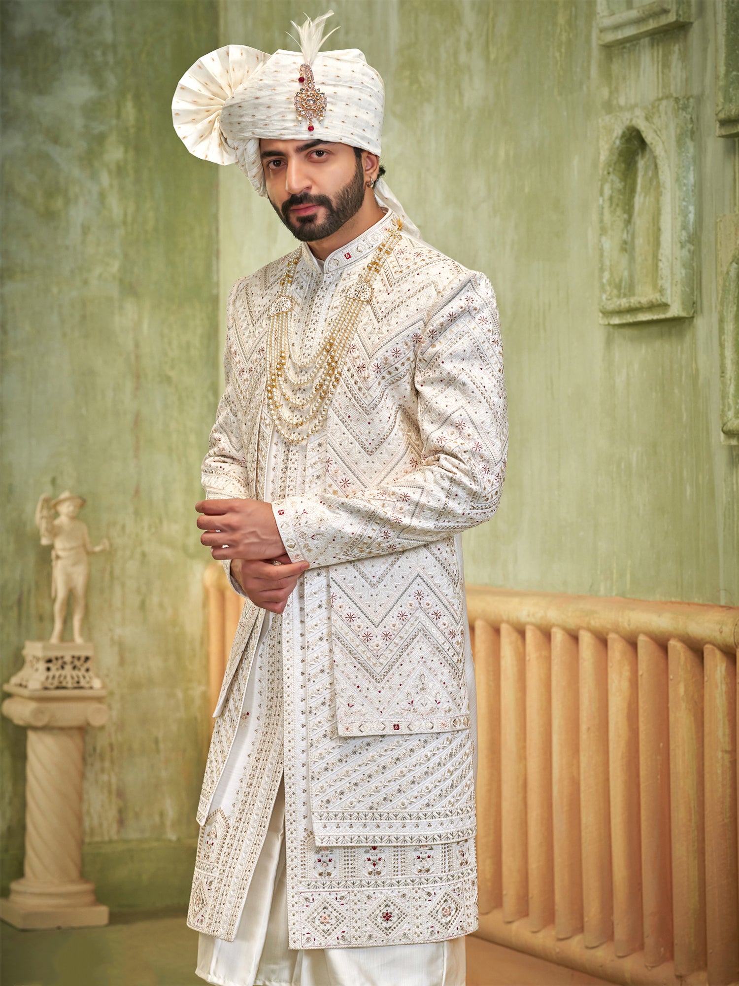 Off White Sequins Enhanced Layered Sherwani Set