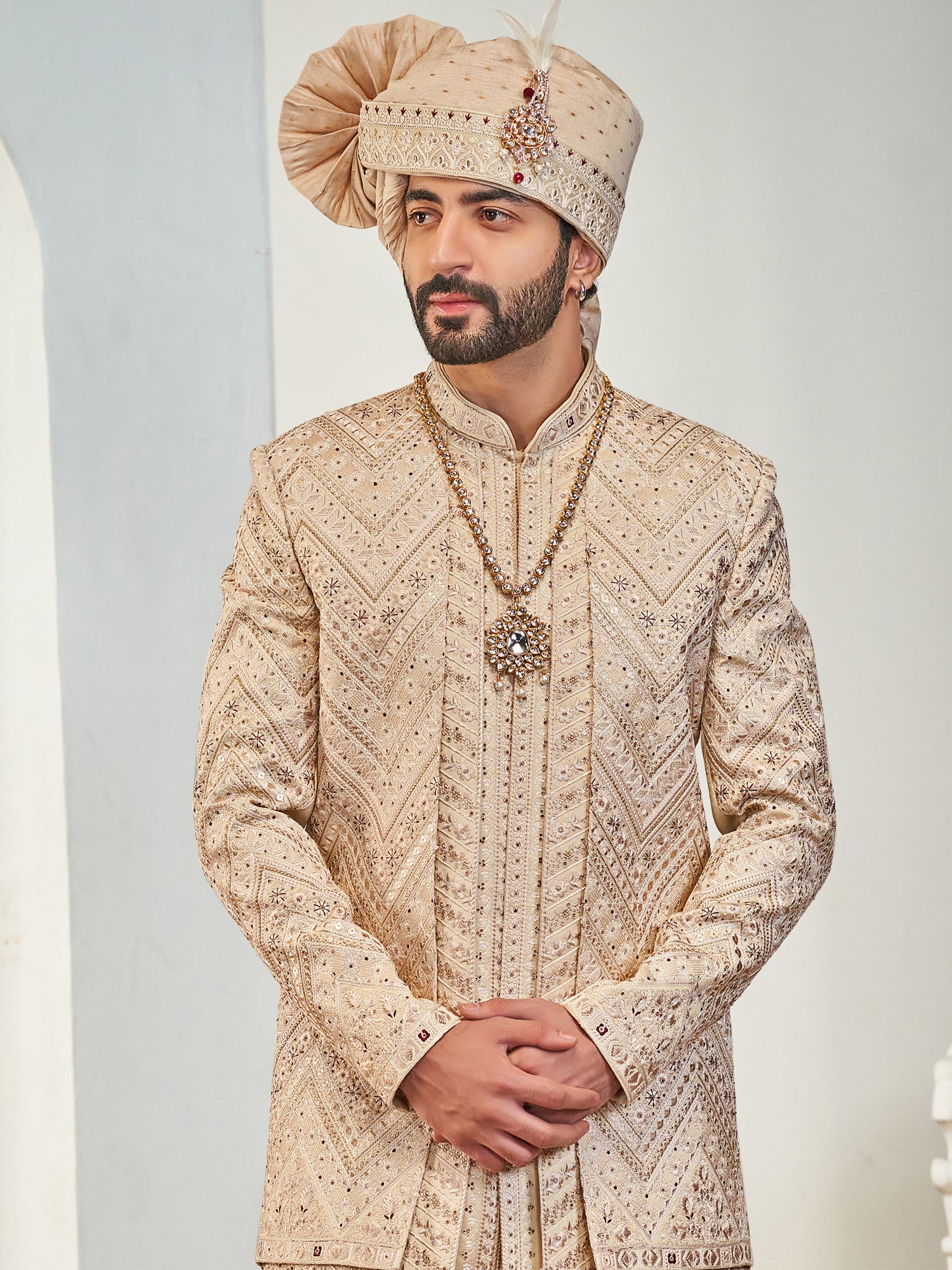 Golden Layered Wedding Sherwani In Silk