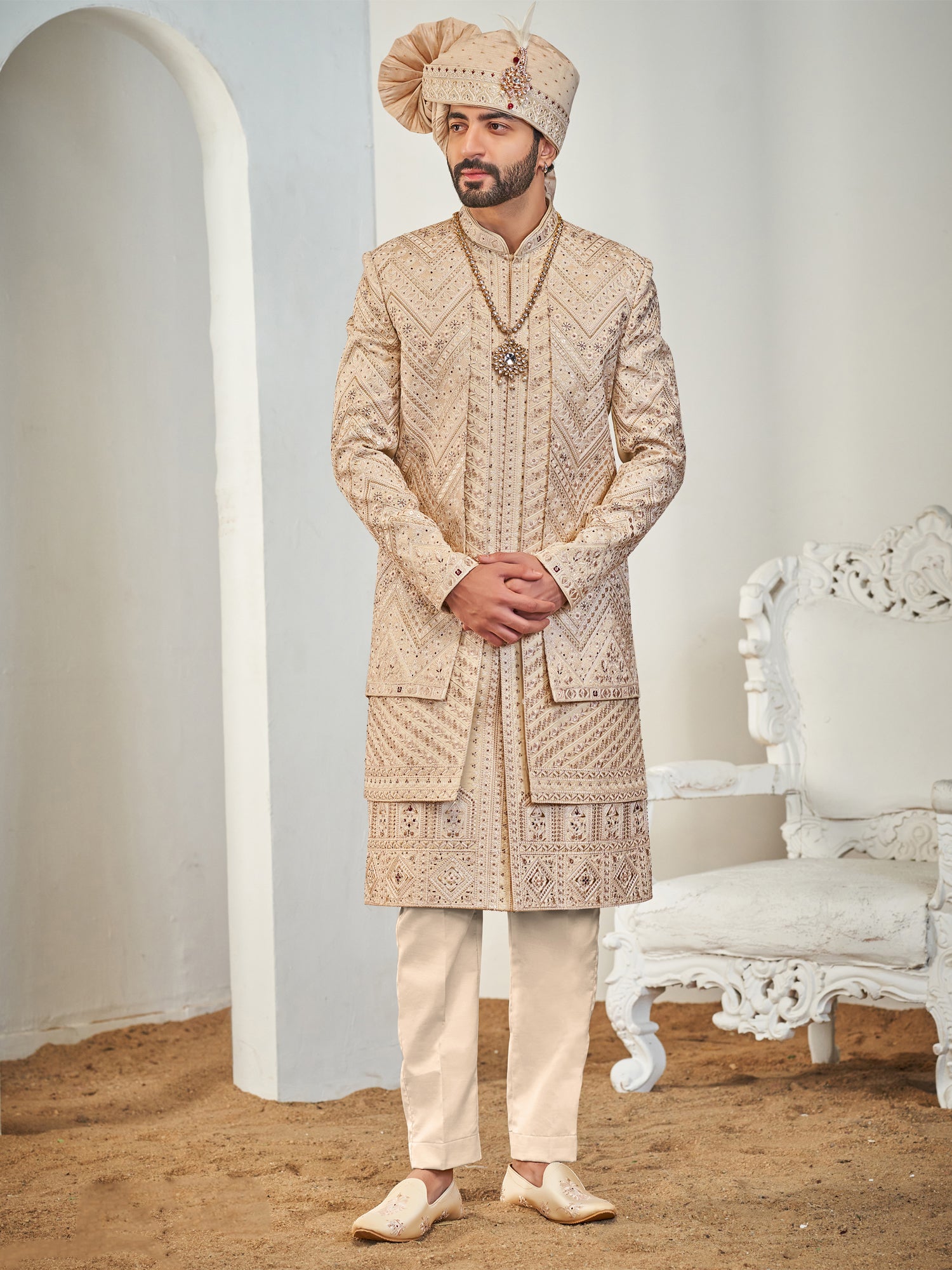 Golden Layered Wedding Sherwani In Silk