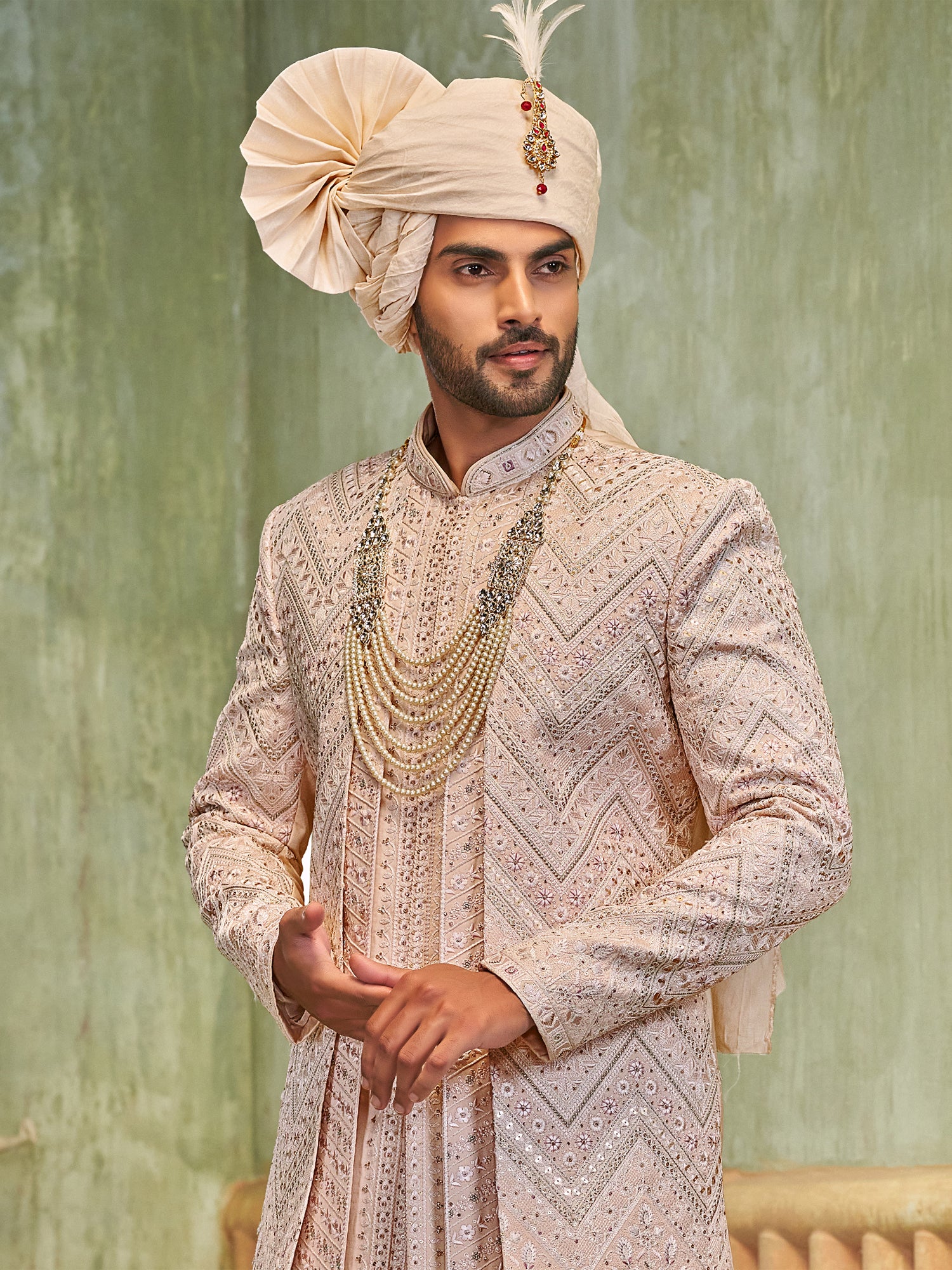 Pink Menswear Silk Sherwani In Thread Work