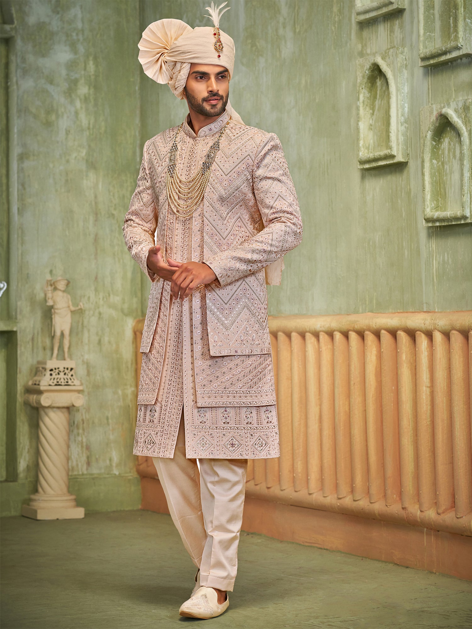 Pink Menswear Silk Sherwani In Thread Work