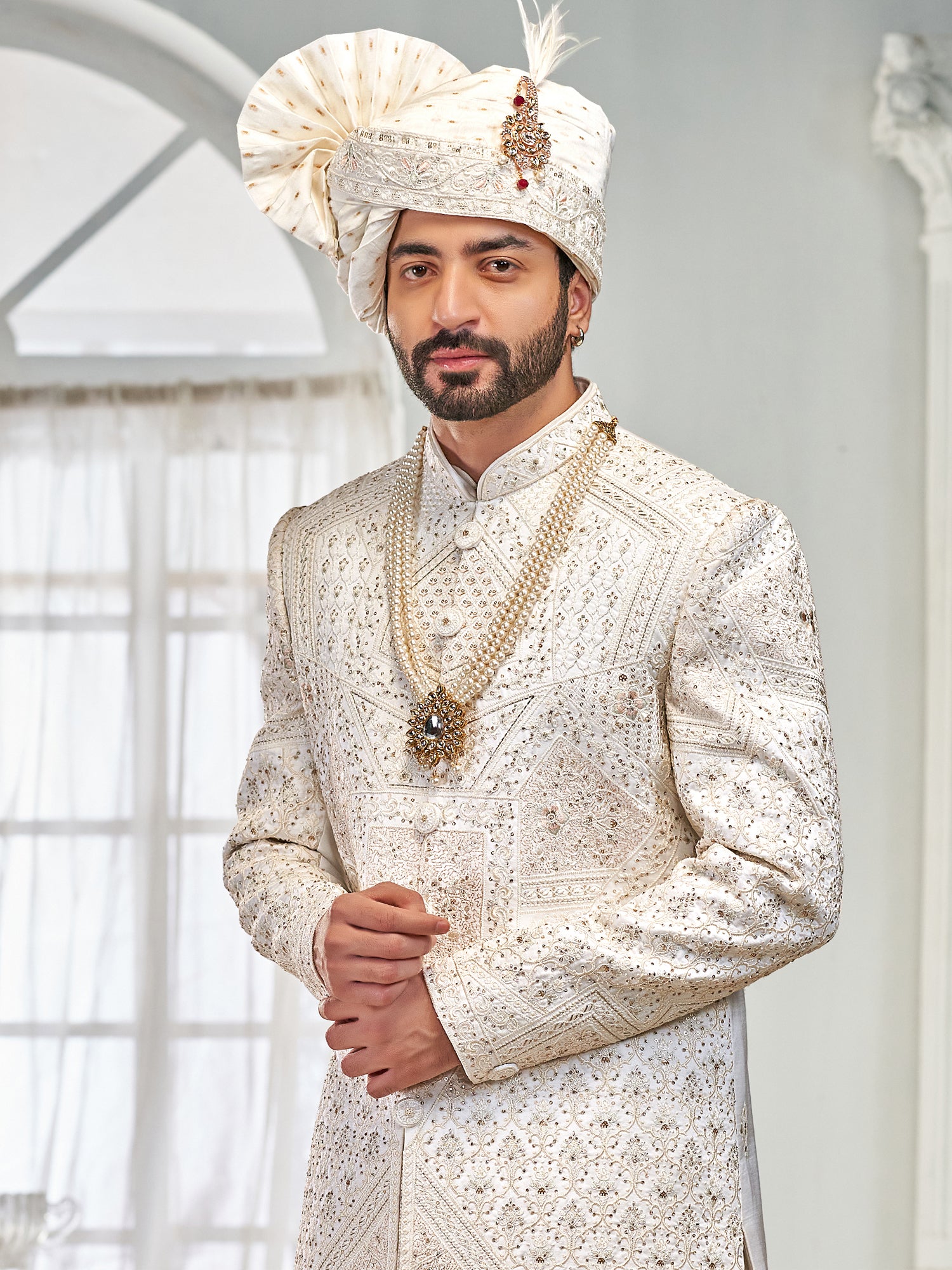 White Stone Embellished Sherwani For Men