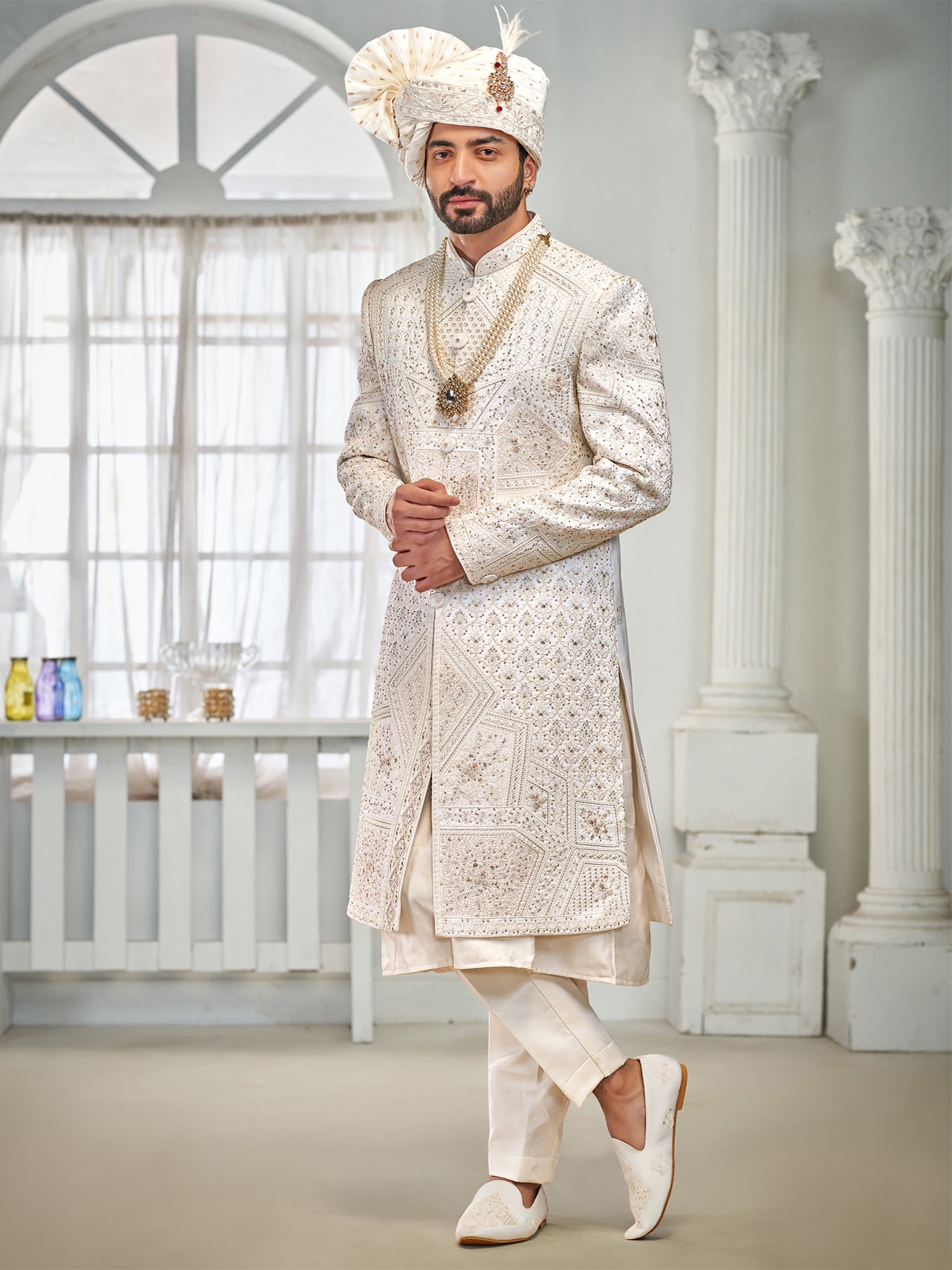 White Stone Embellished Sherwani For Men