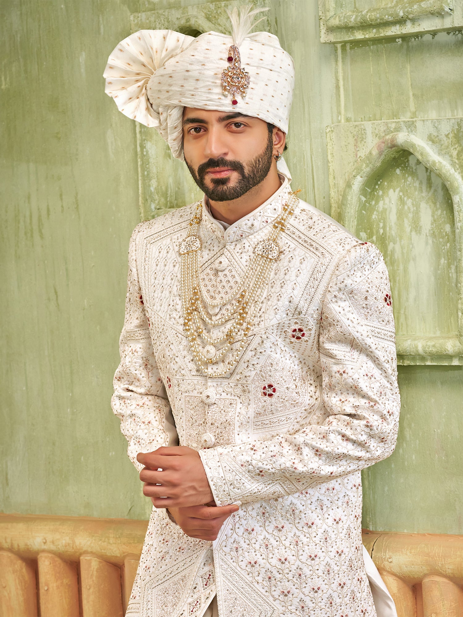 White Groom's Silk Sherwani In Floral Work