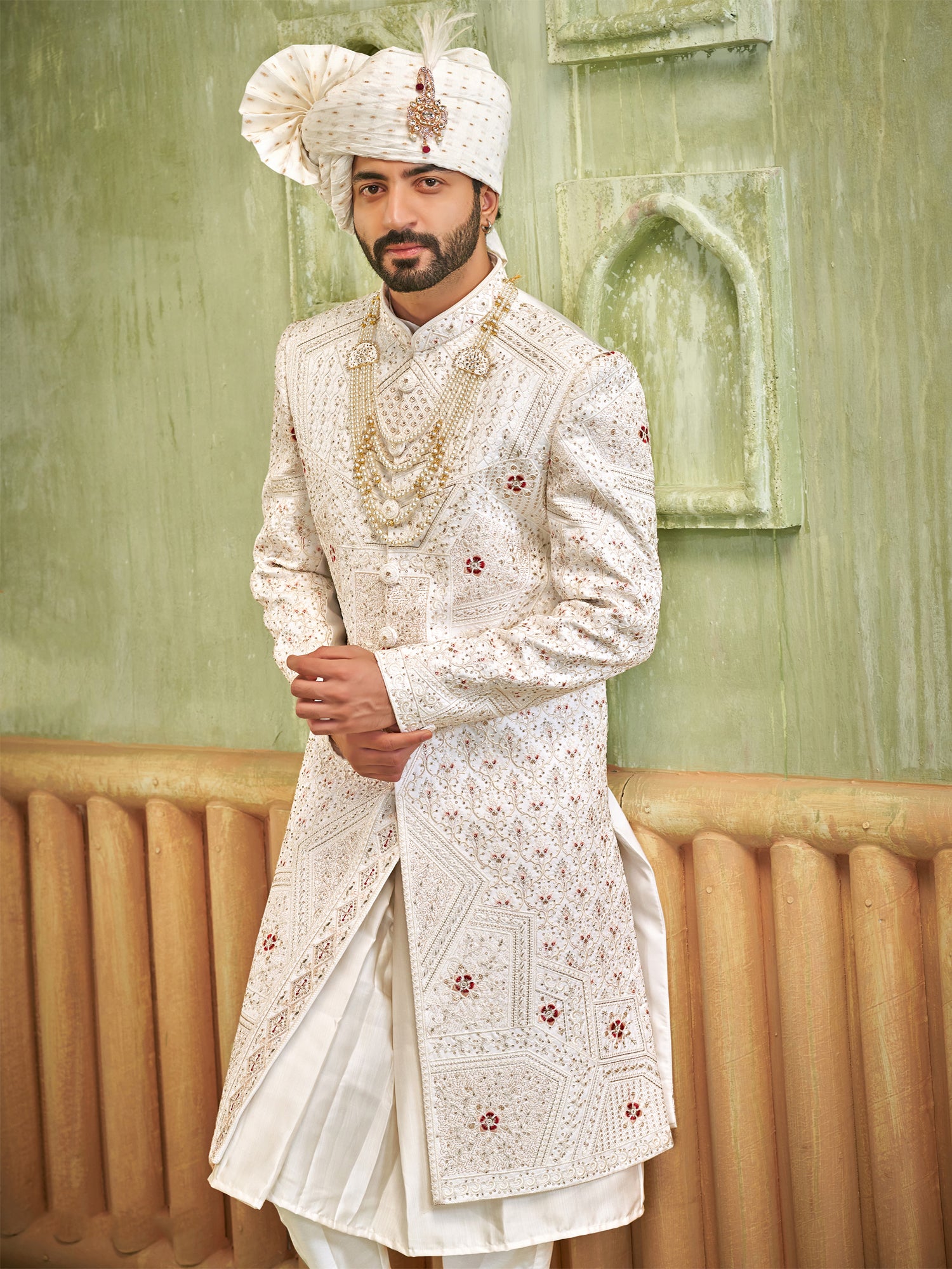 White Groom's Silk Sherwani In Floral Work