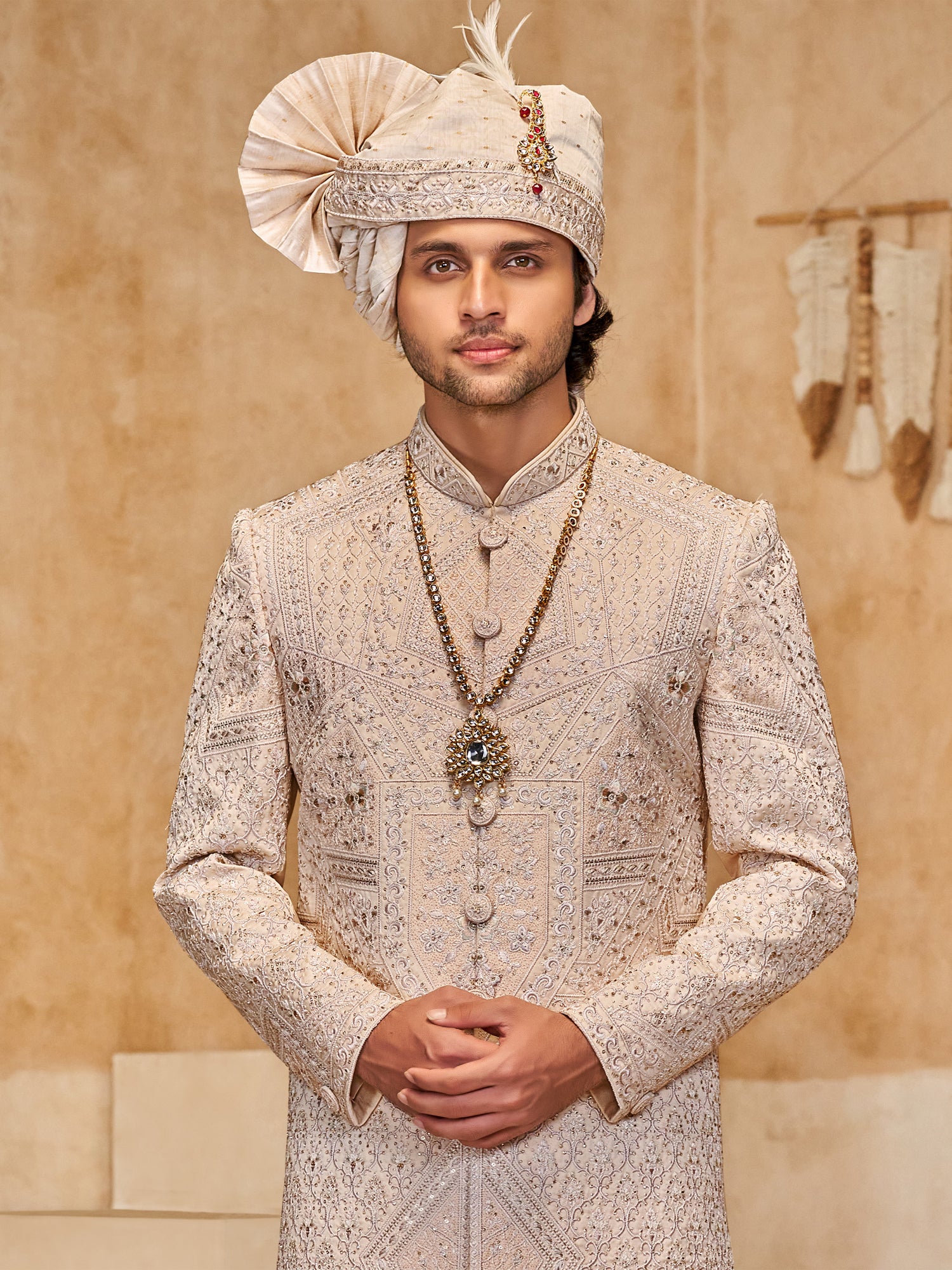 Rosegold Beige Sequins Work Men's Sherwani