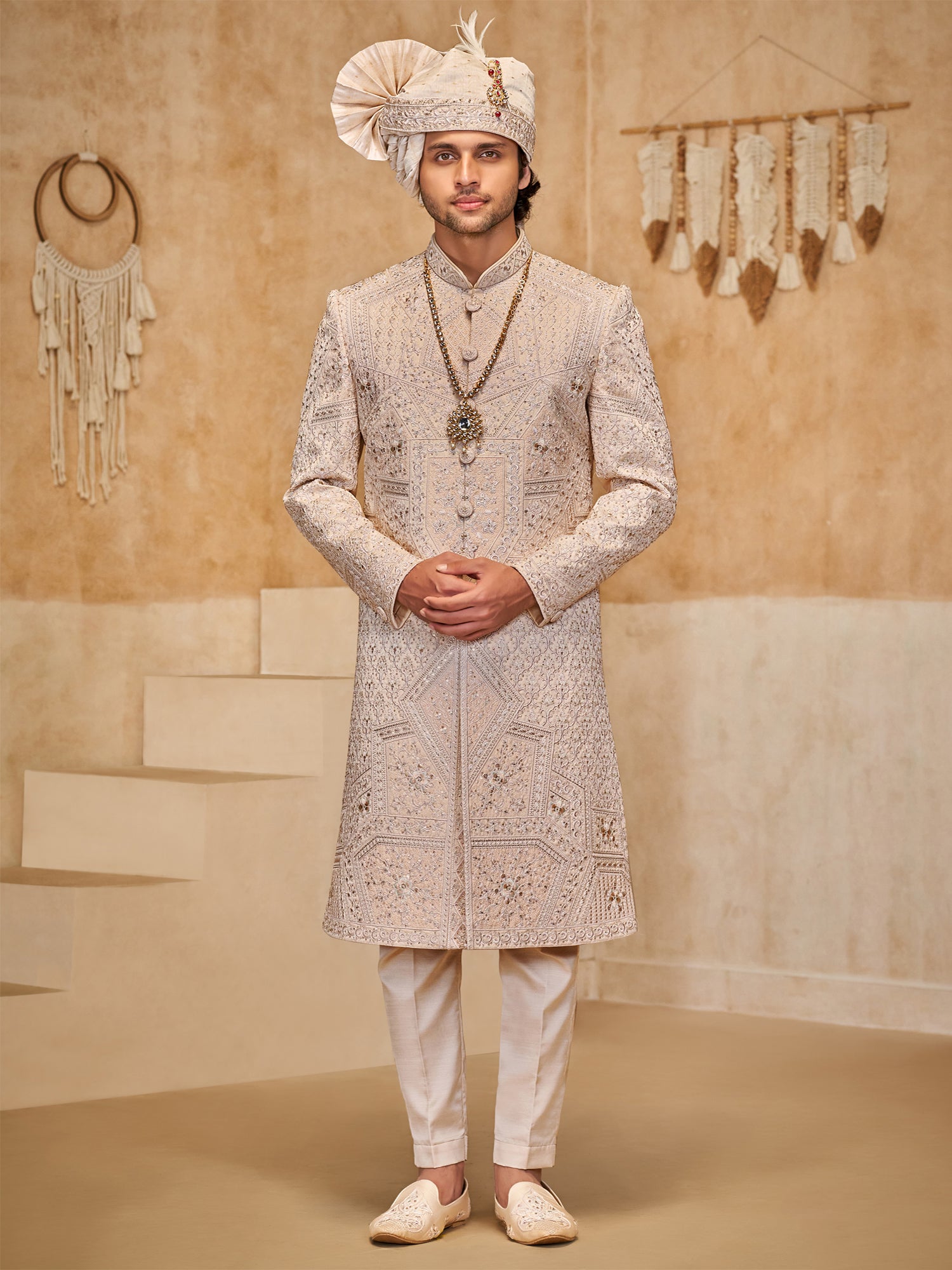 Rosegold Beige Sequins Work Men's Sherwani