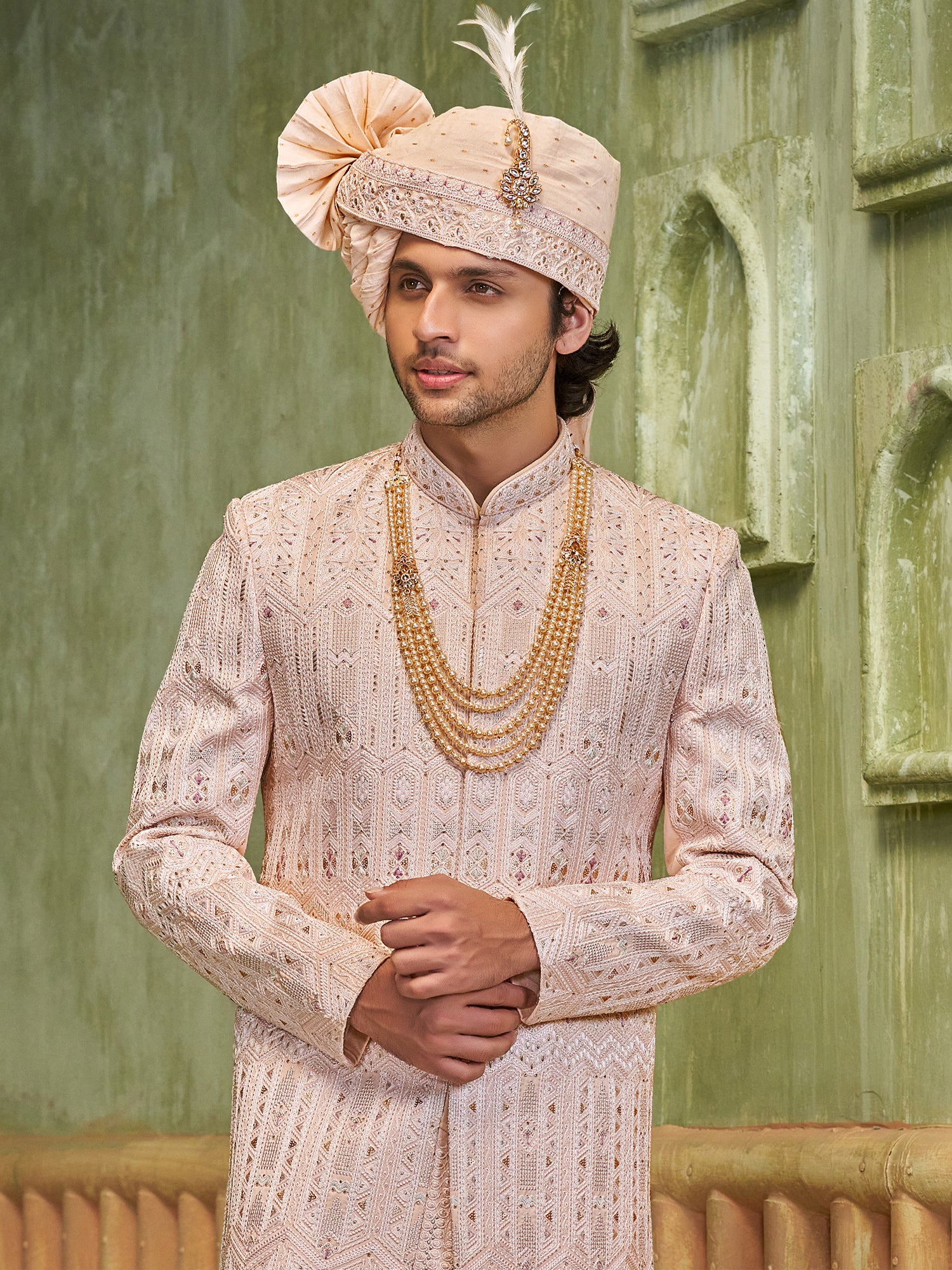 Light Pink Wedding Wear Sherwani In Thread Work