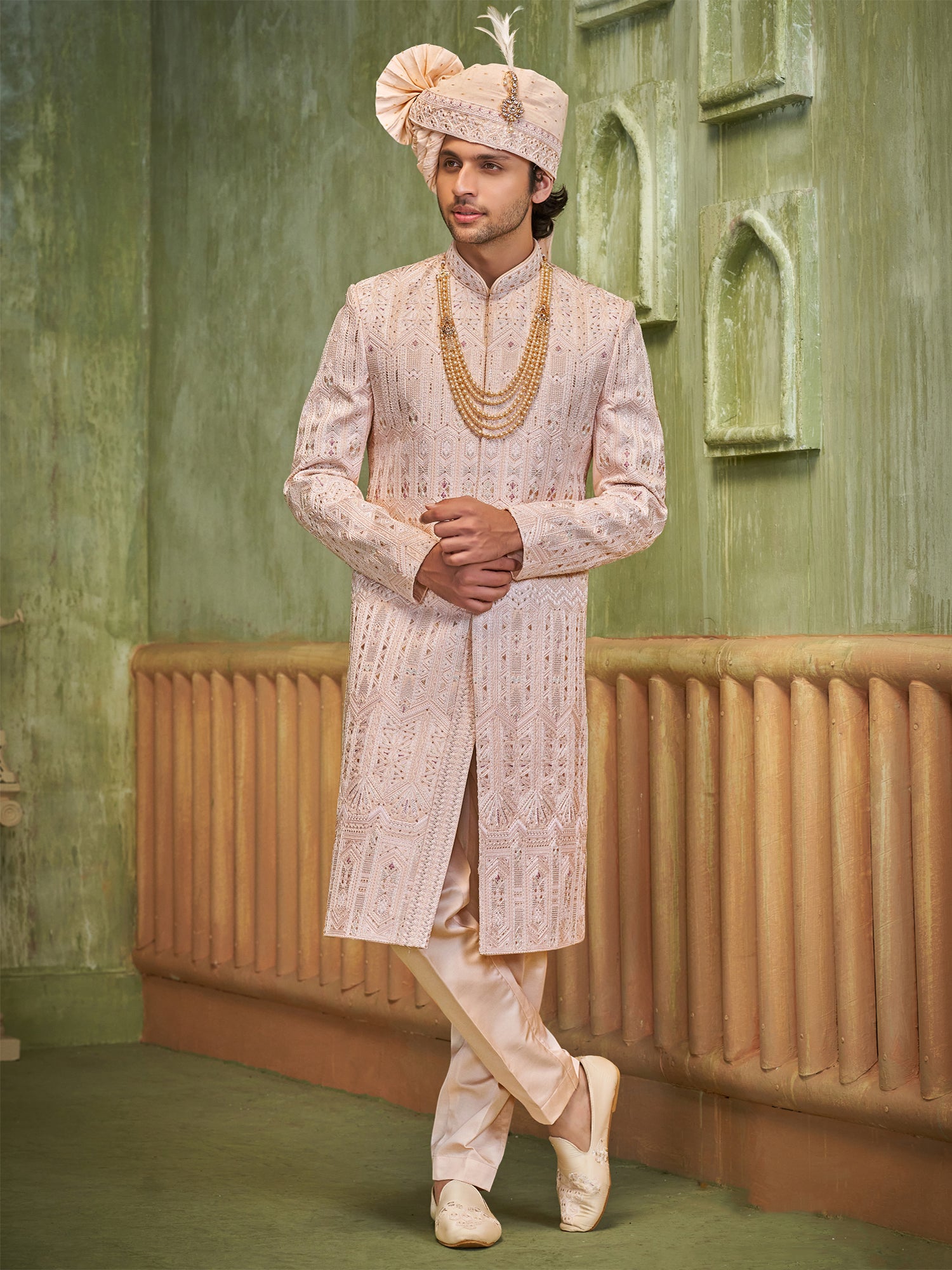 Light Pink Wedding Wear Sherwani In Thread Work