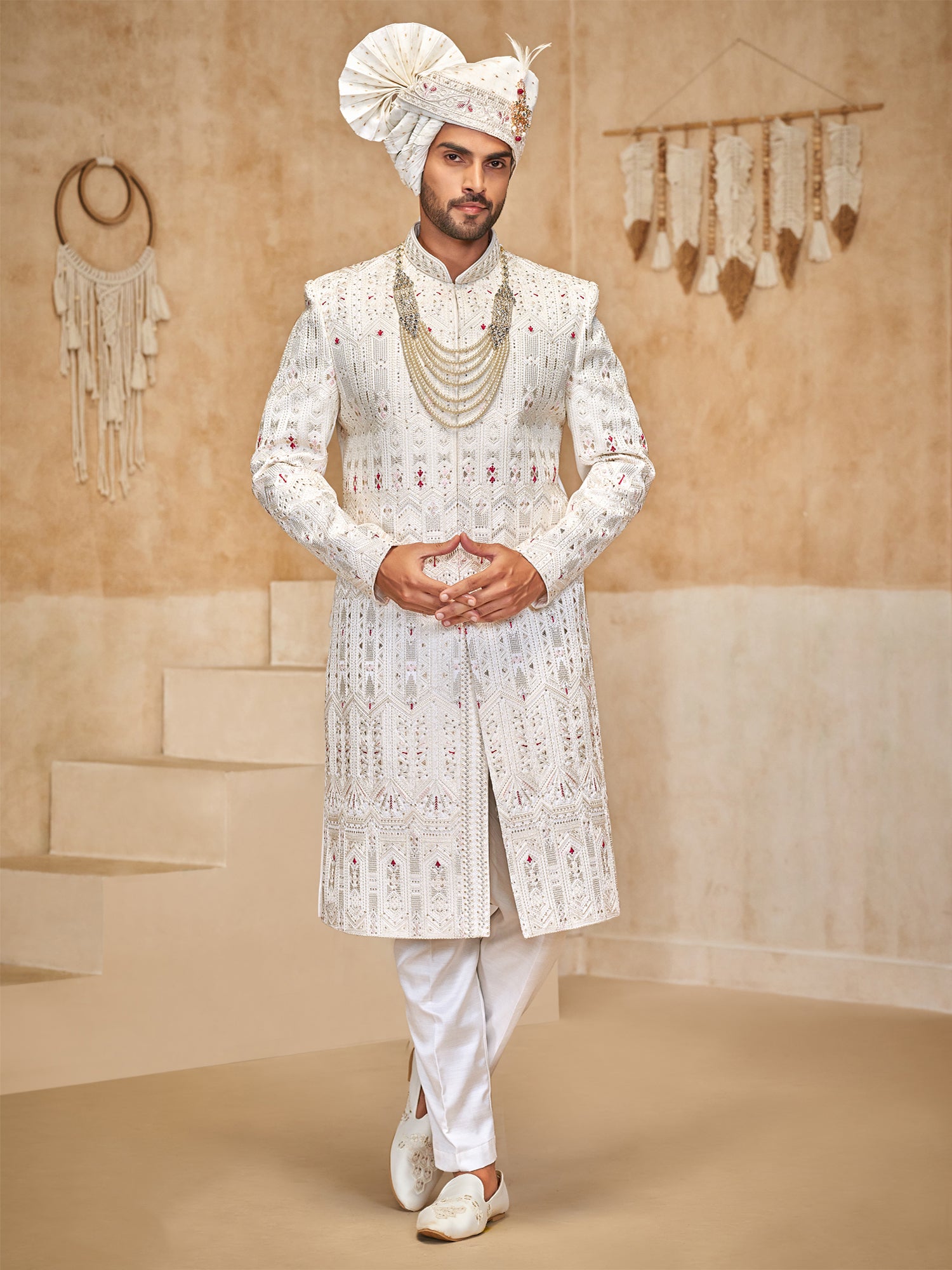 White Sequins Enhanced Menswear Sherwani