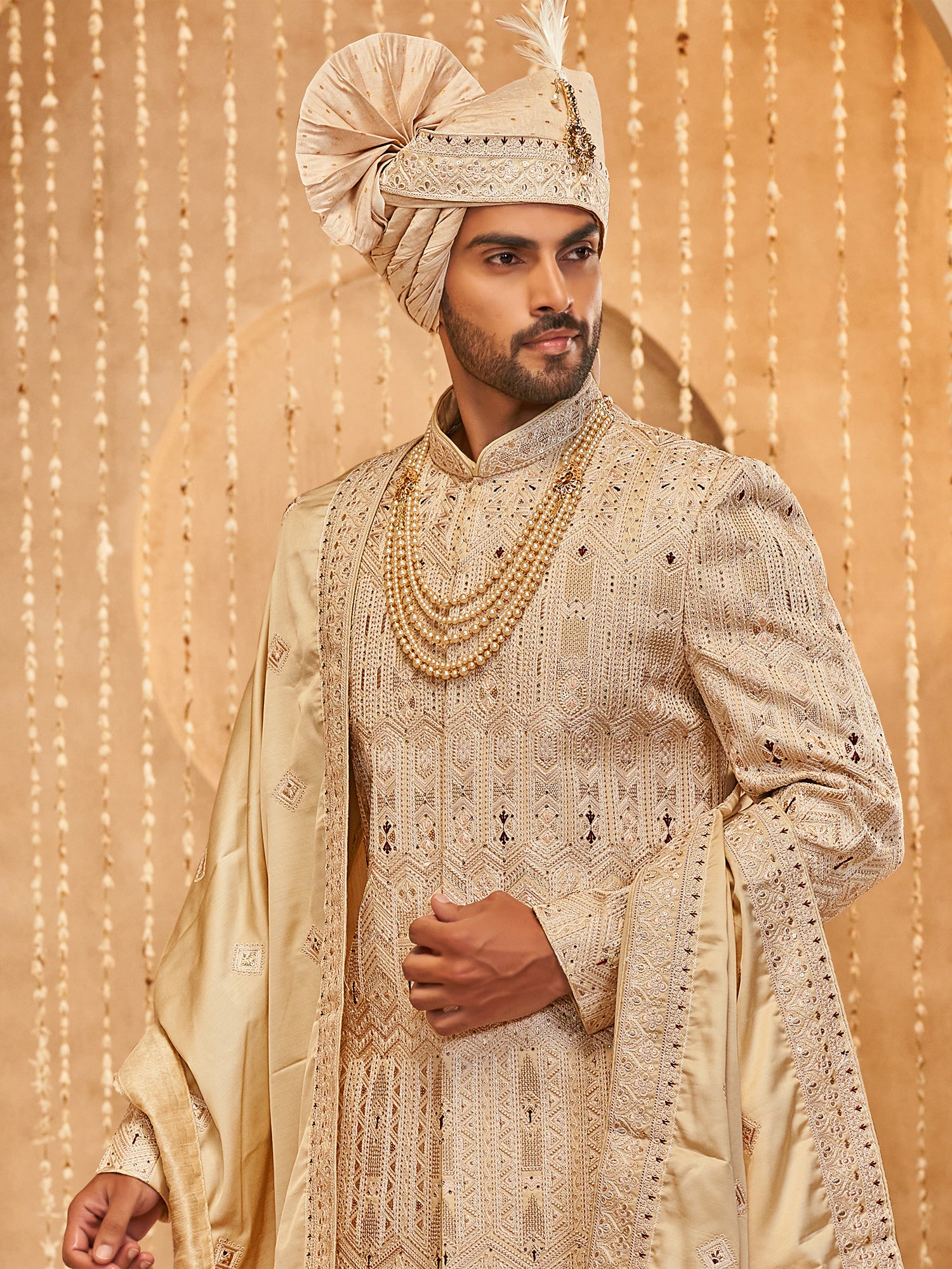 Golden Groom's Sherwani With Embroidered Stole