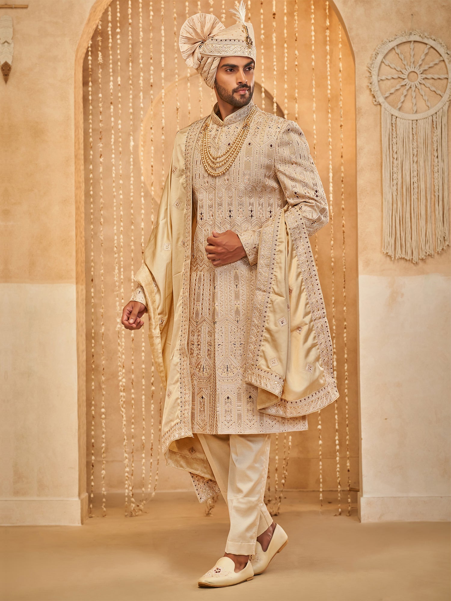 Golden Groom's Sherwani With Embroidered Stole