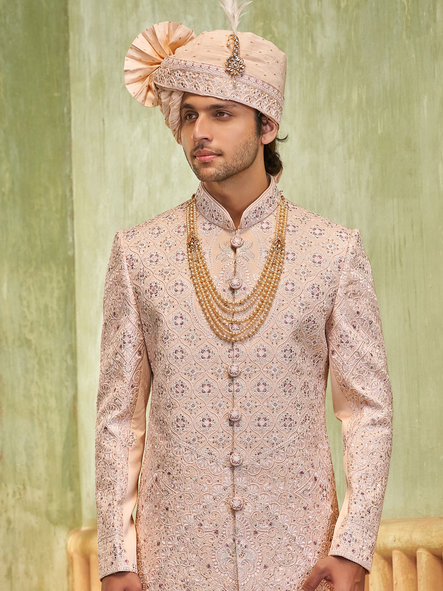 Pink Embroidered Wedding Sherwani For Men In Silk