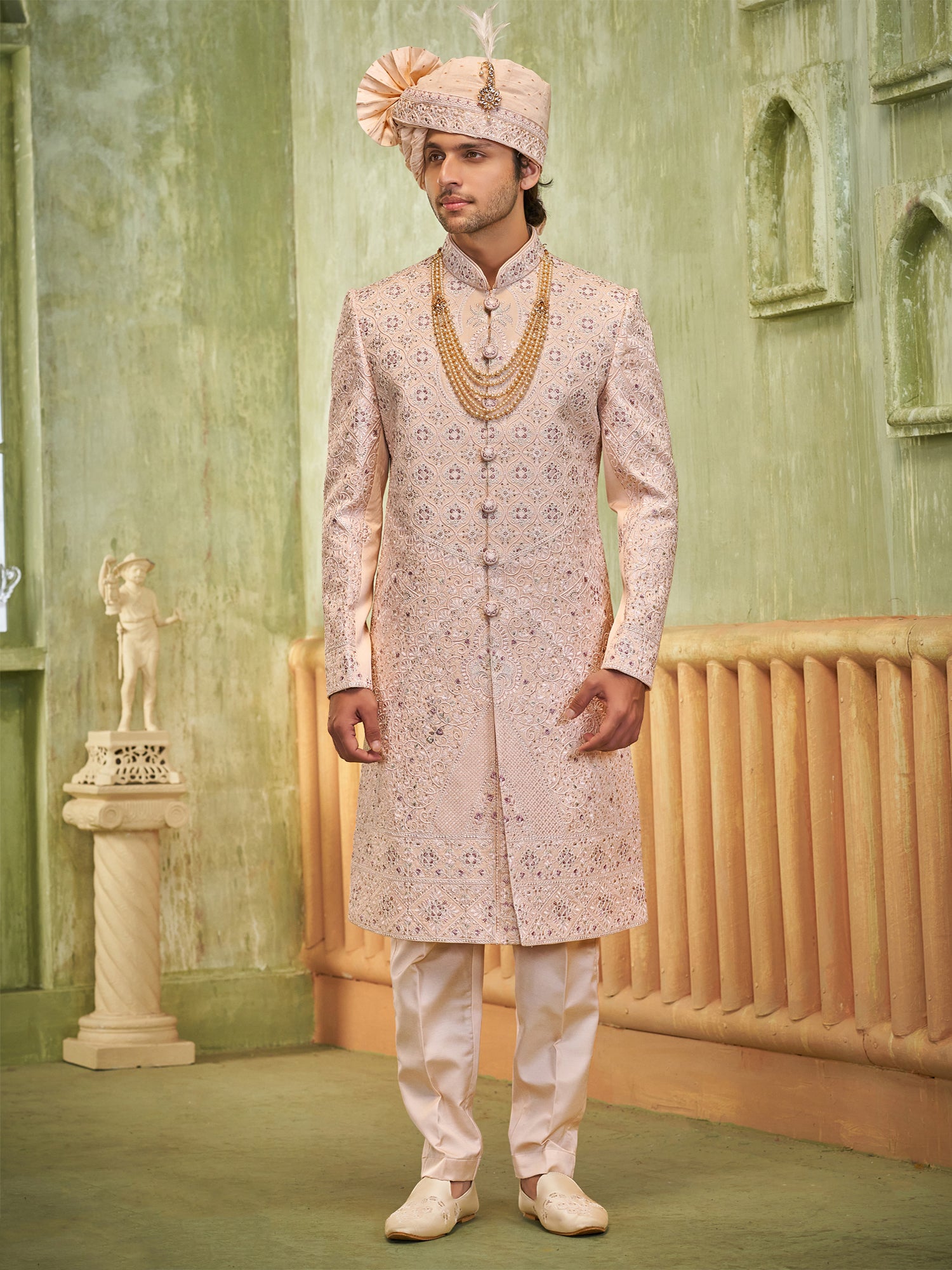 Pink Embroidered Wedding Sherwani For Men In Silk