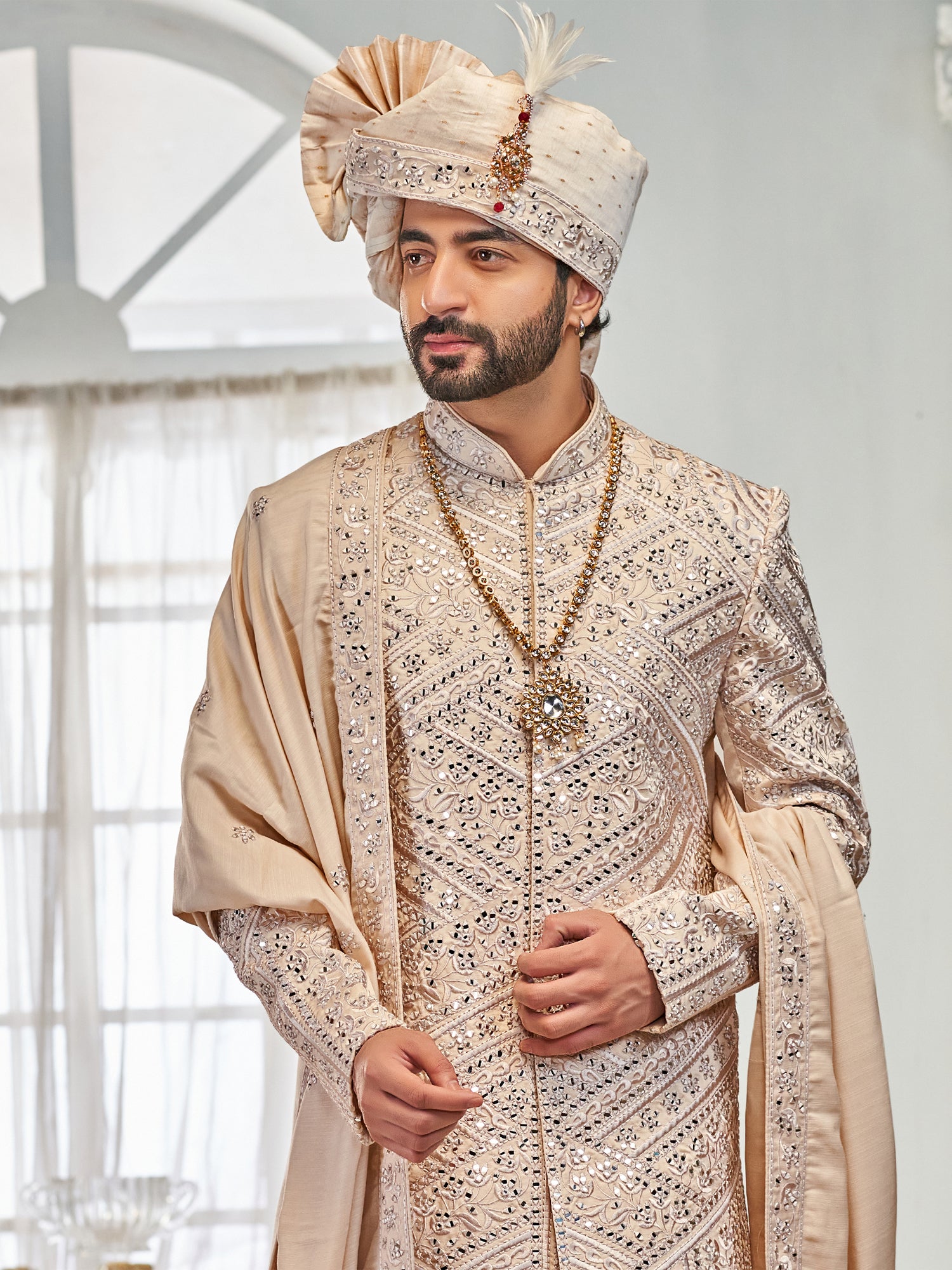 Ivory Cream Mirror Enhanced Sherwani Set In Silk