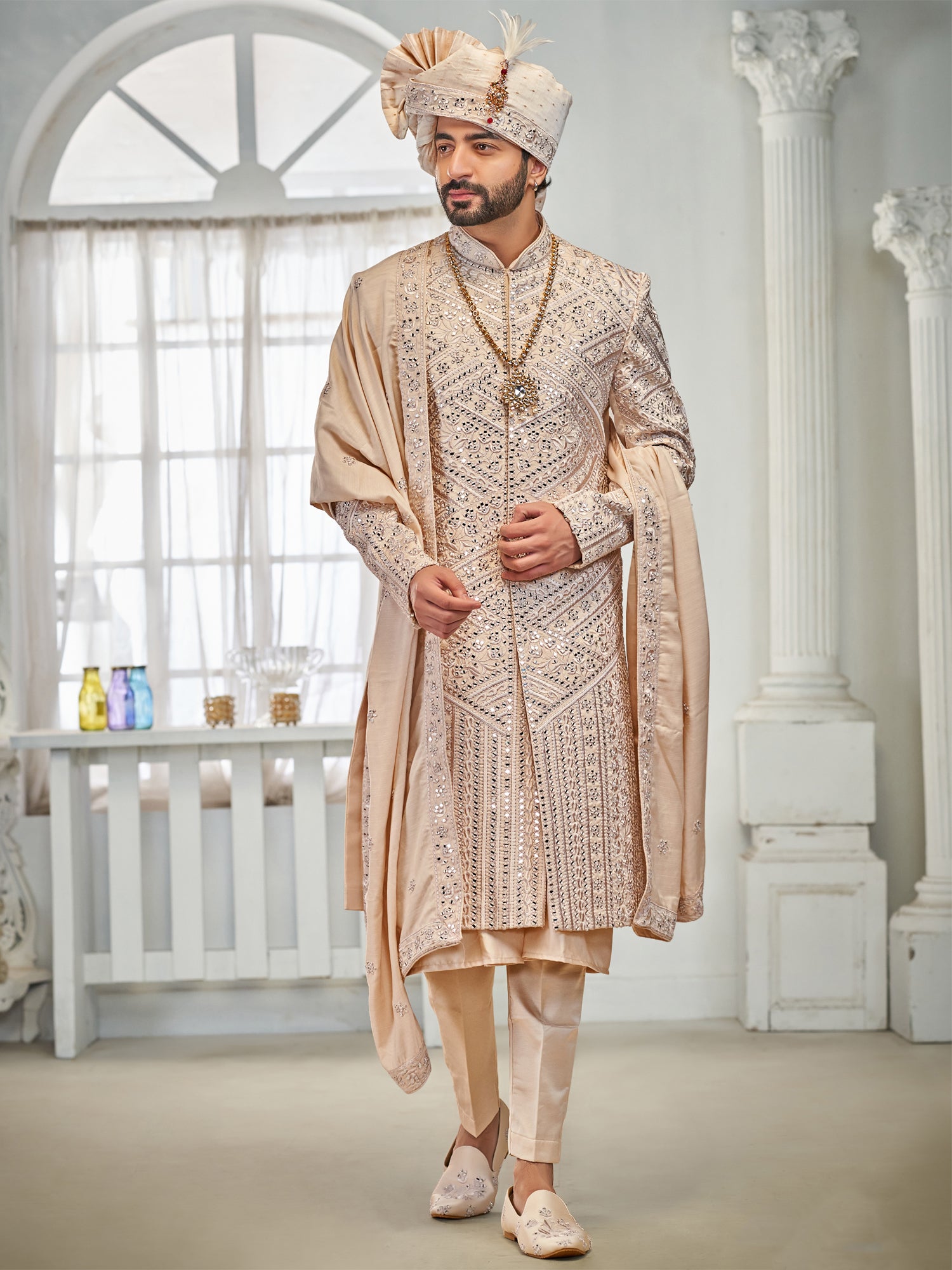 Ivory Cream Mirror Enhanced Sherwani Set In Silk
