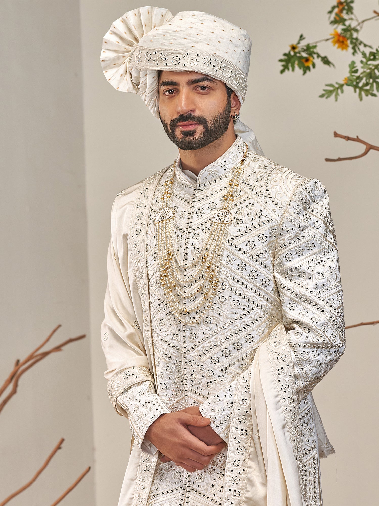 White Mirror Work Wedding Groom's Sherwani Set
