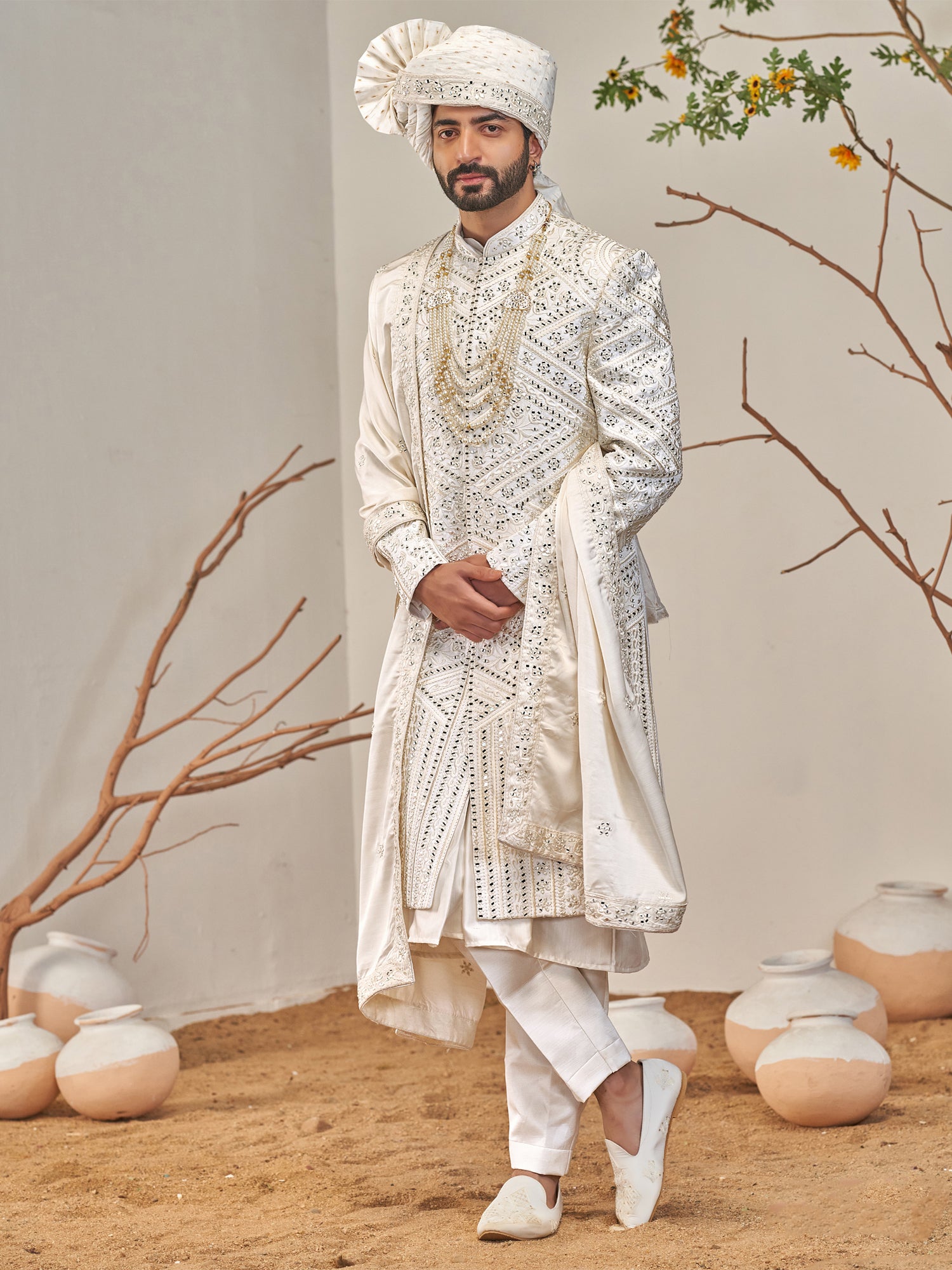 White Mirror Work Wedding Groom's Sherwani Set
