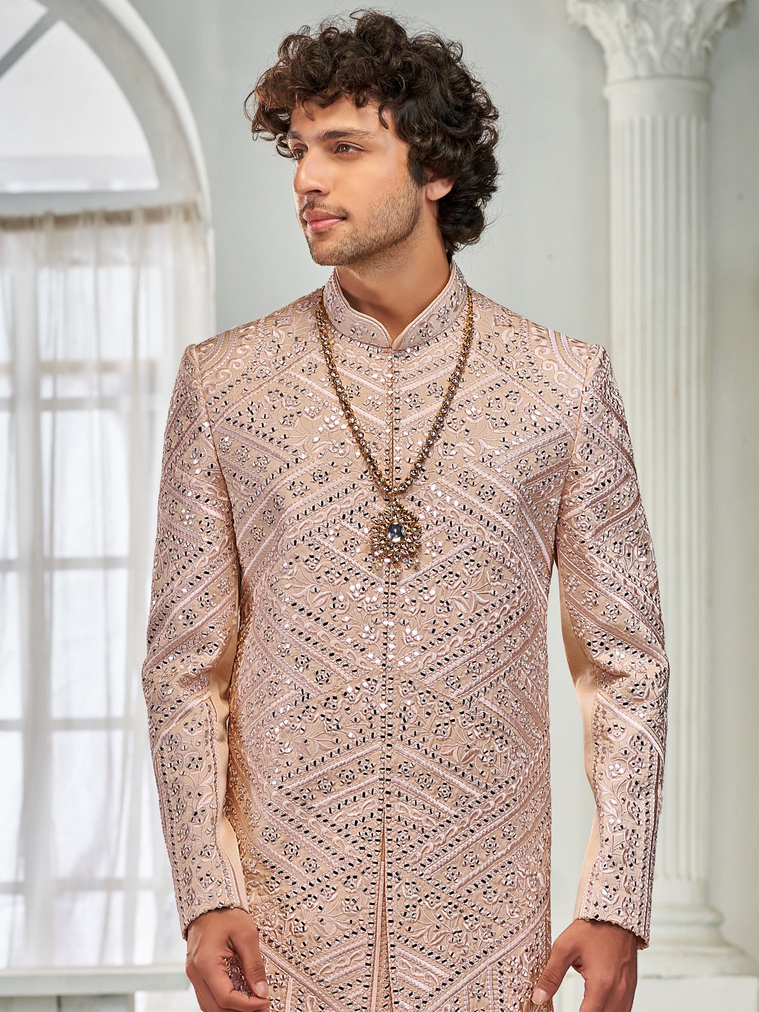 Pink Men's Sherwani In Mirror Embellishment