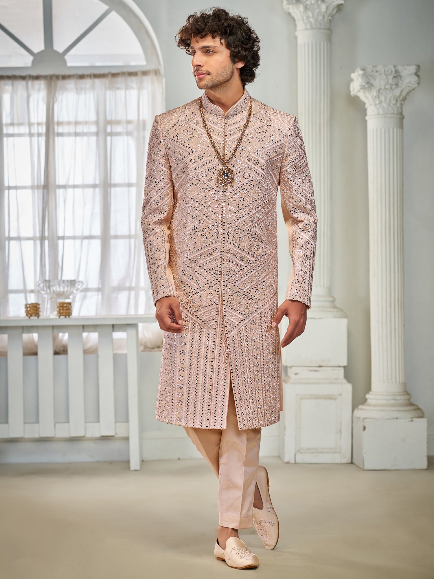 Pink Men's Sherwani In Mirror Embellishment
