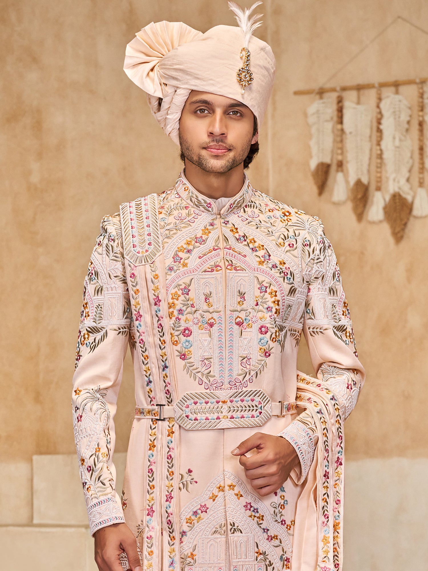 Peach Floral Thread Work Sherwani Set For Men