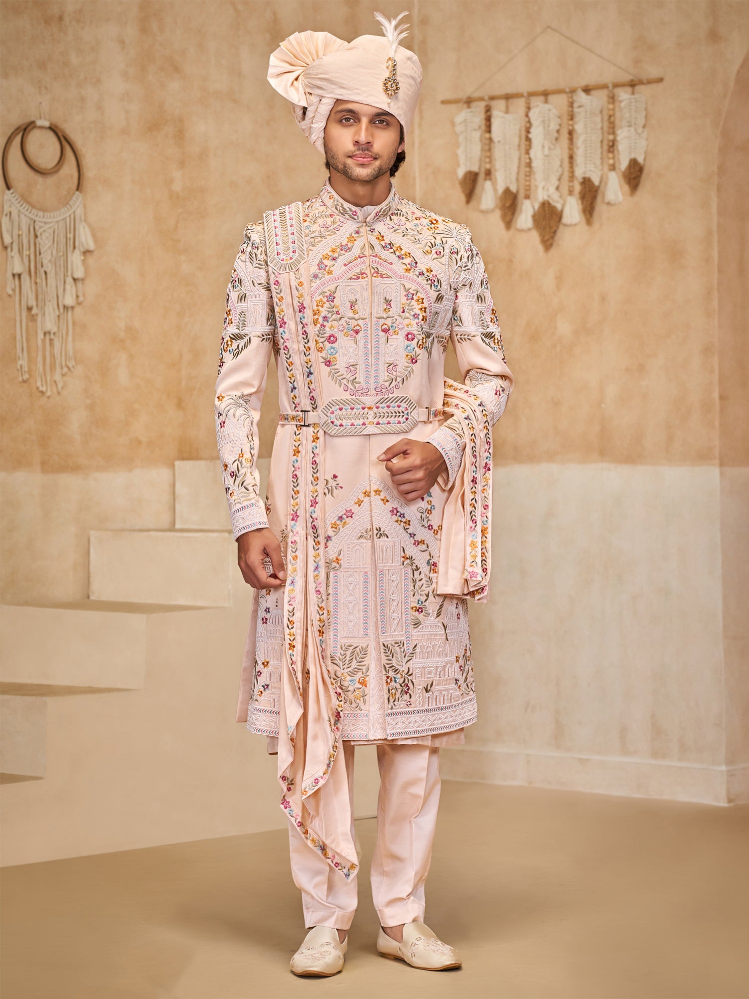 Peach Floral Thread Work Sherwani Set For Men