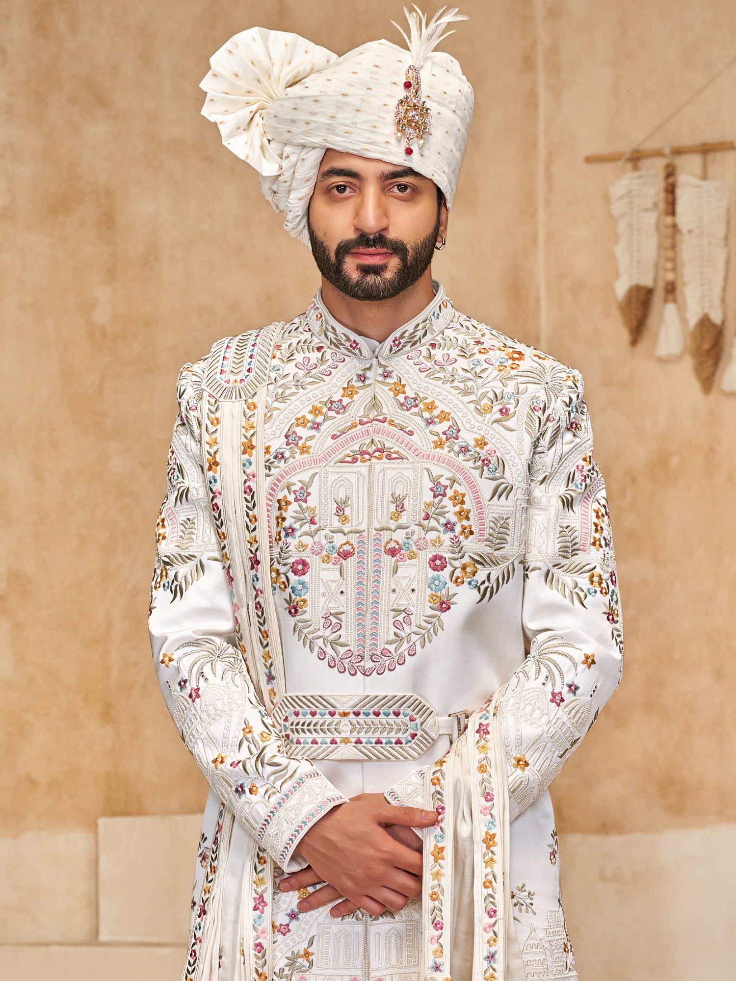 White Men's Sherwani With Embroidered Stole