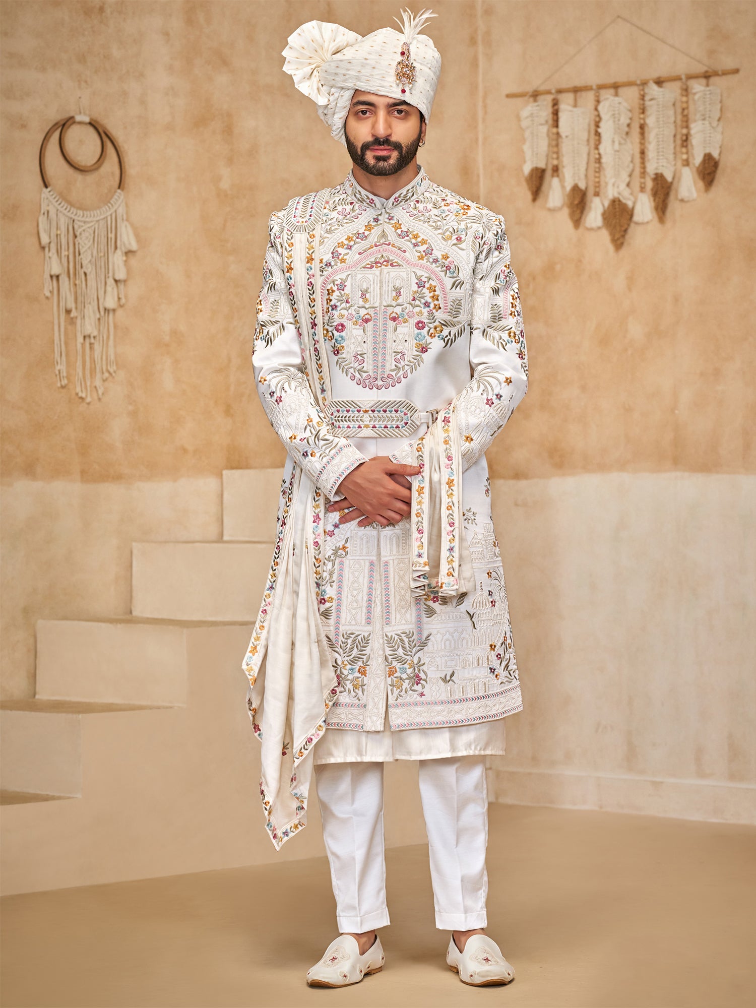 White Men's Sherwani With Embroidered Stole