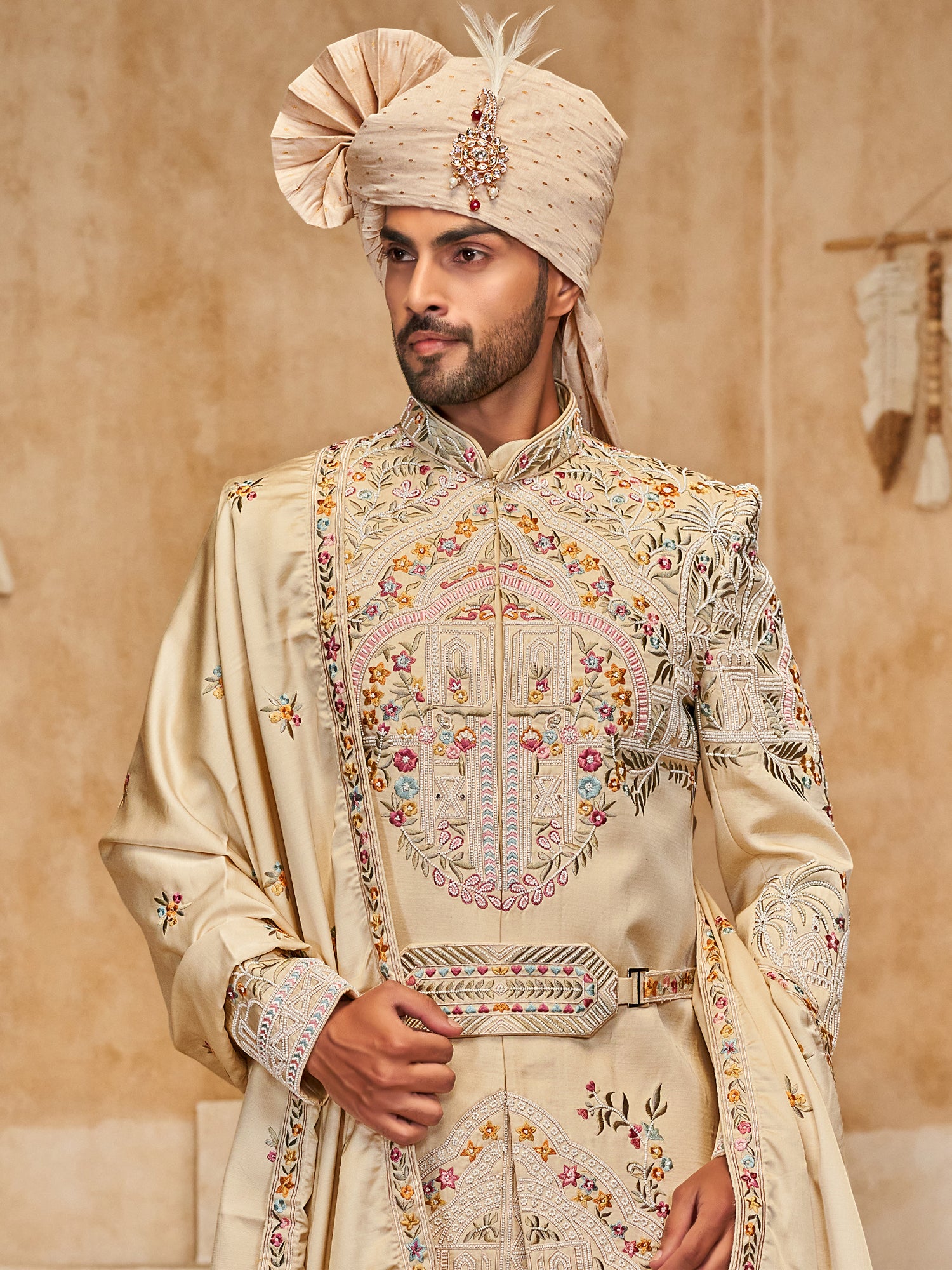 Beige Silk Sherwani Set In Floral Thread Embroidery
