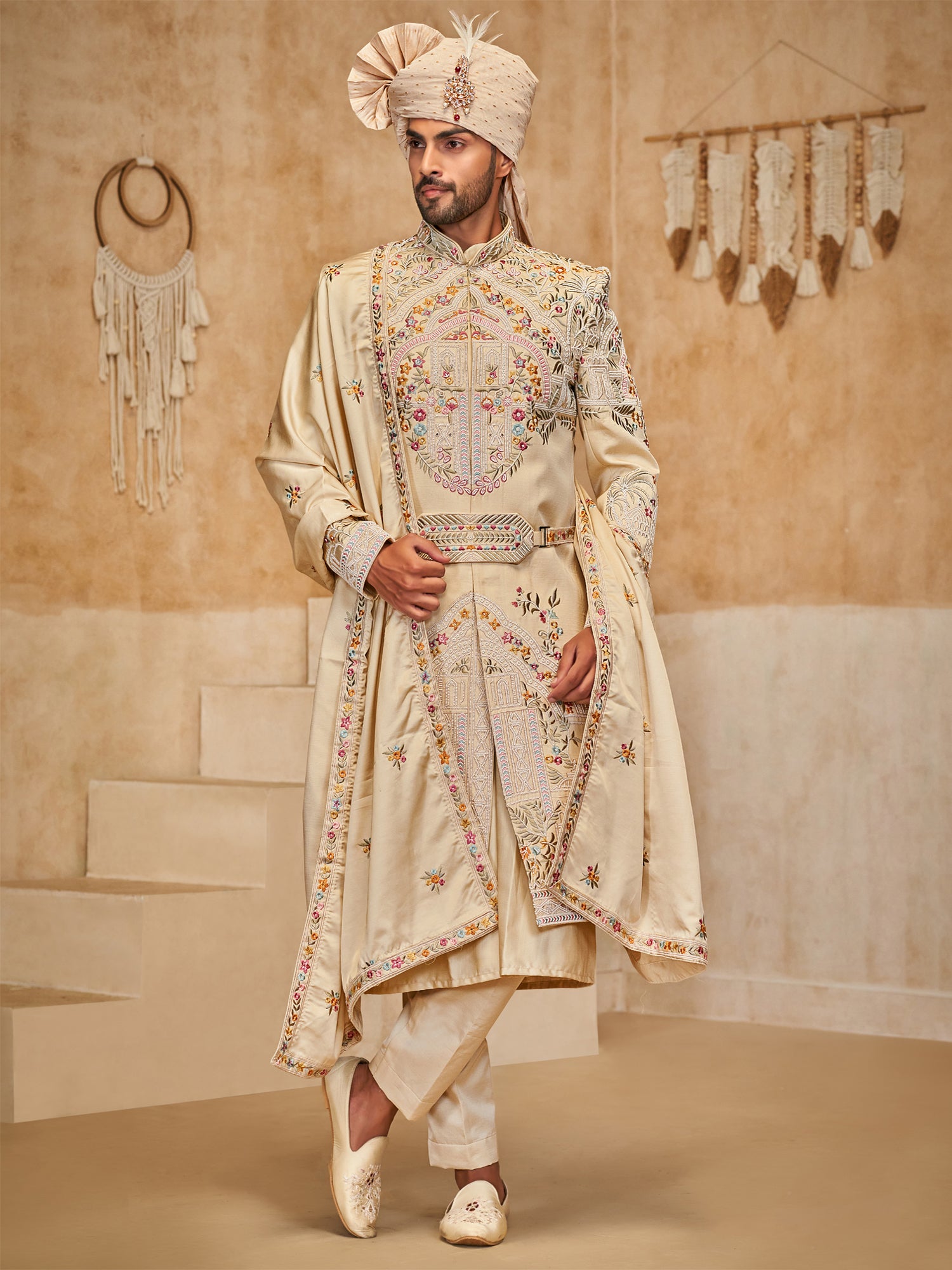 Beige Silk Sherwani Set In Floral Thread Embroidery
