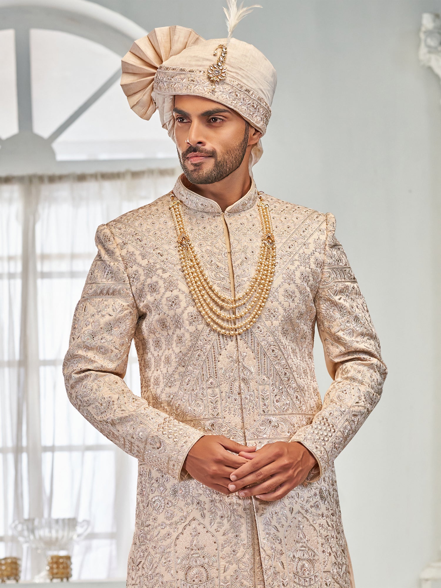 Cream Stone Enhanced Men's Wedding Sherwani
