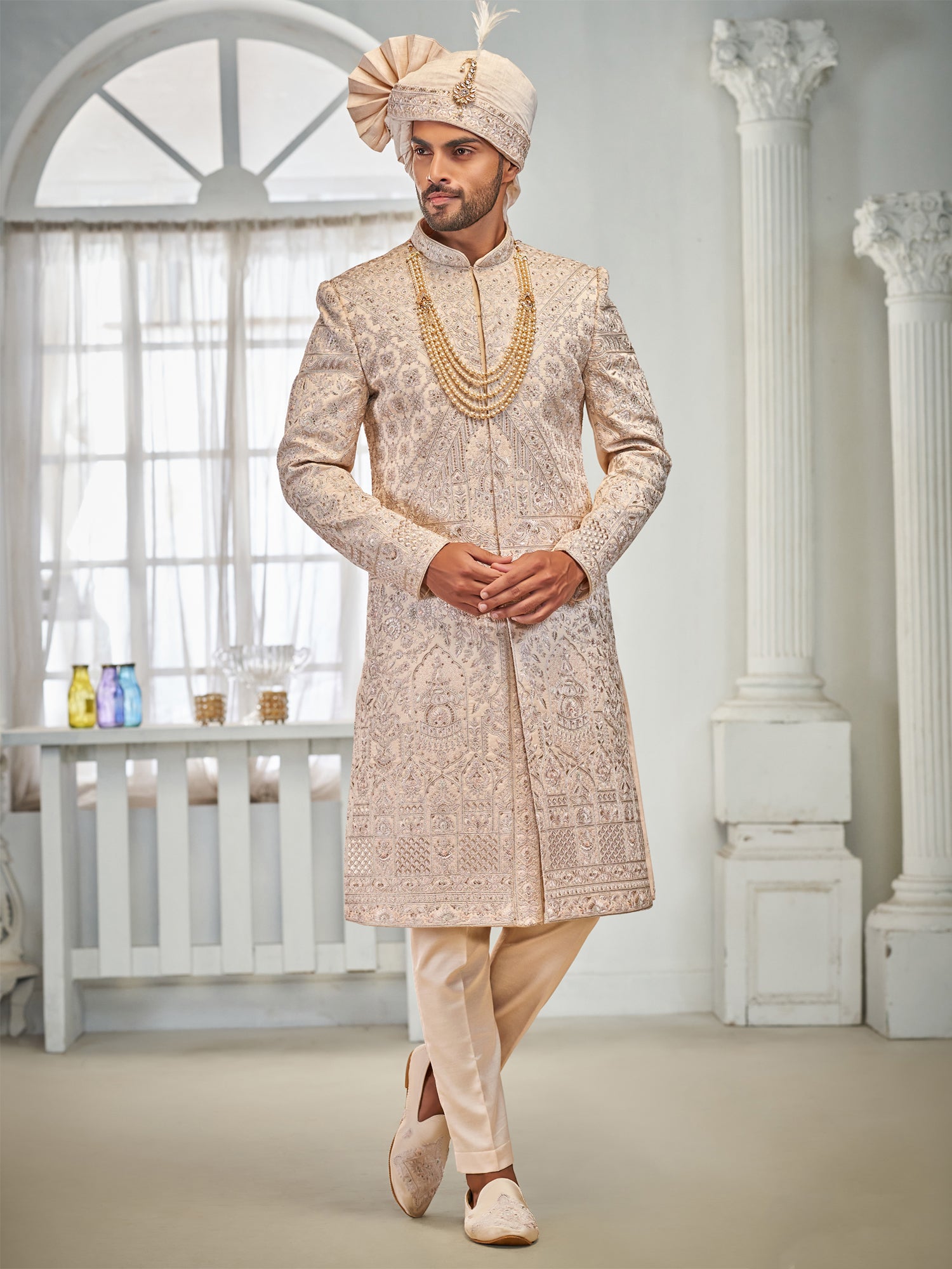 Cream Stone Enhanced Men's Wedding Sherwani