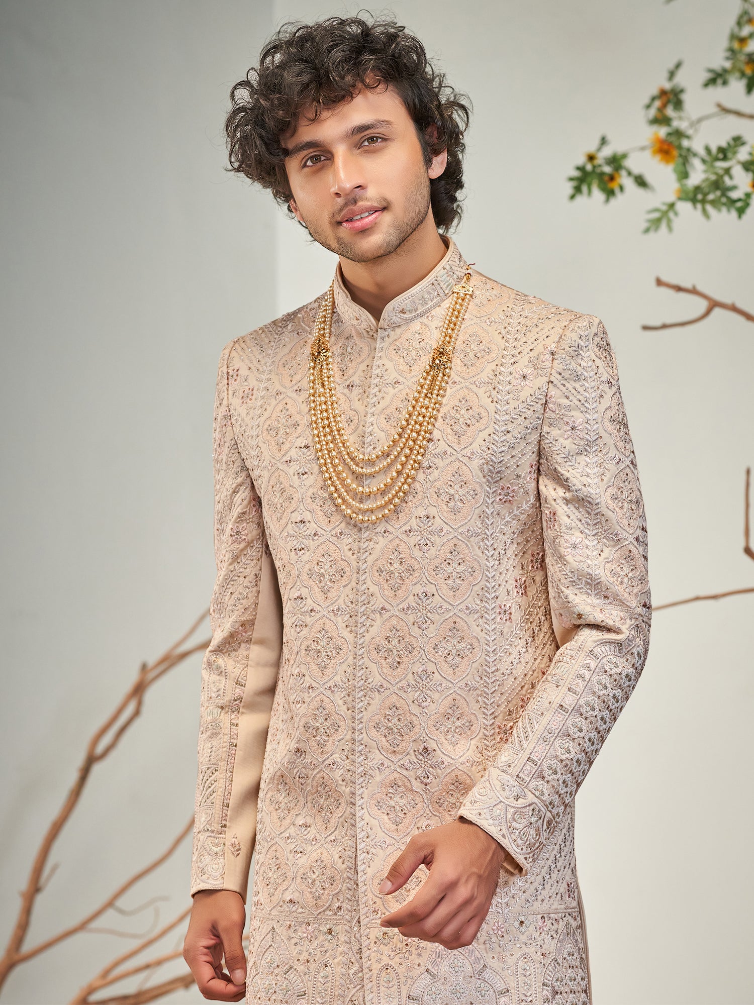 Light Peach Sequins Enhanced Wedding Sherwani Set
