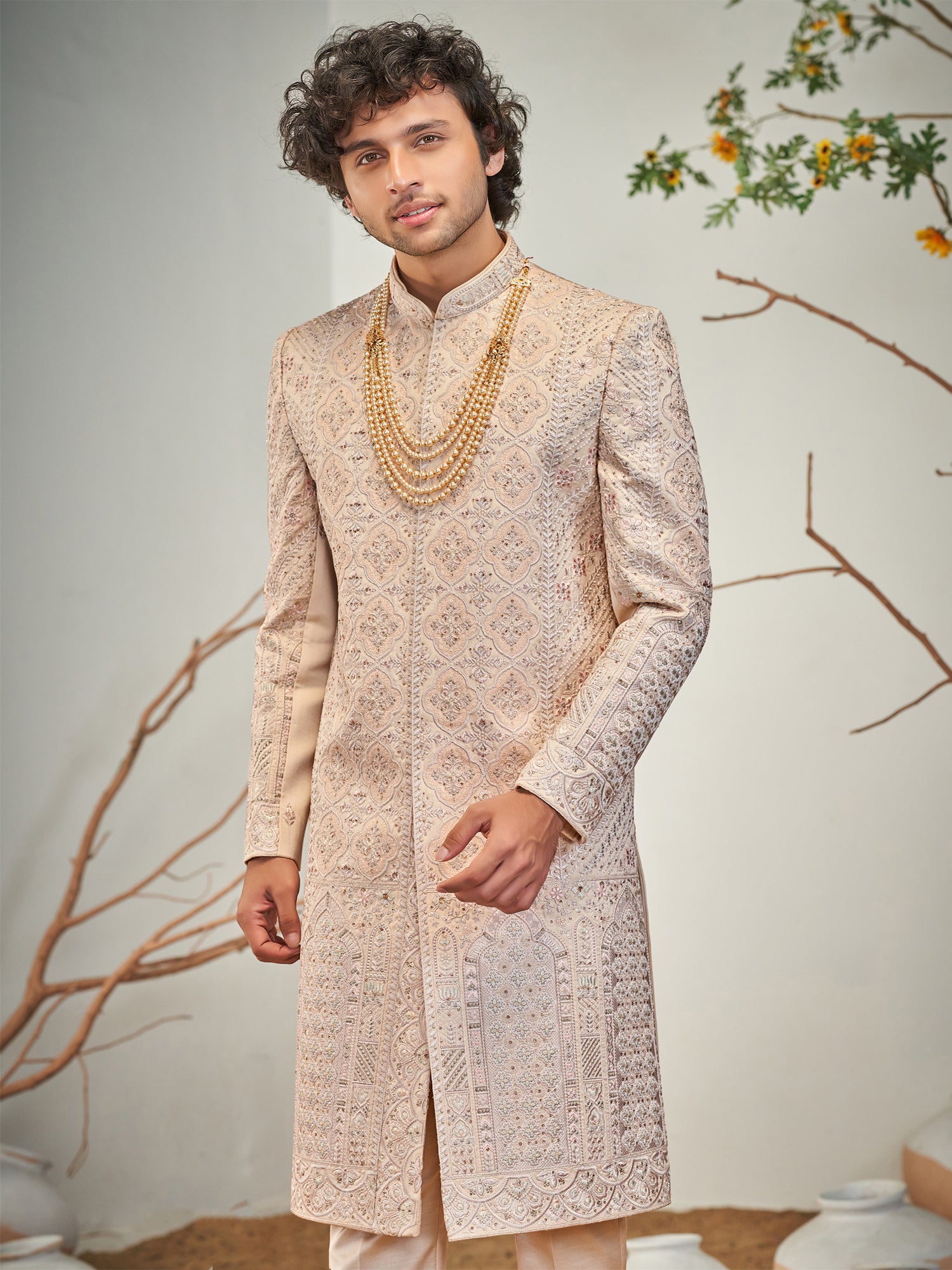 Light Peach Sequins Enhanced Wedding Sherwani Set