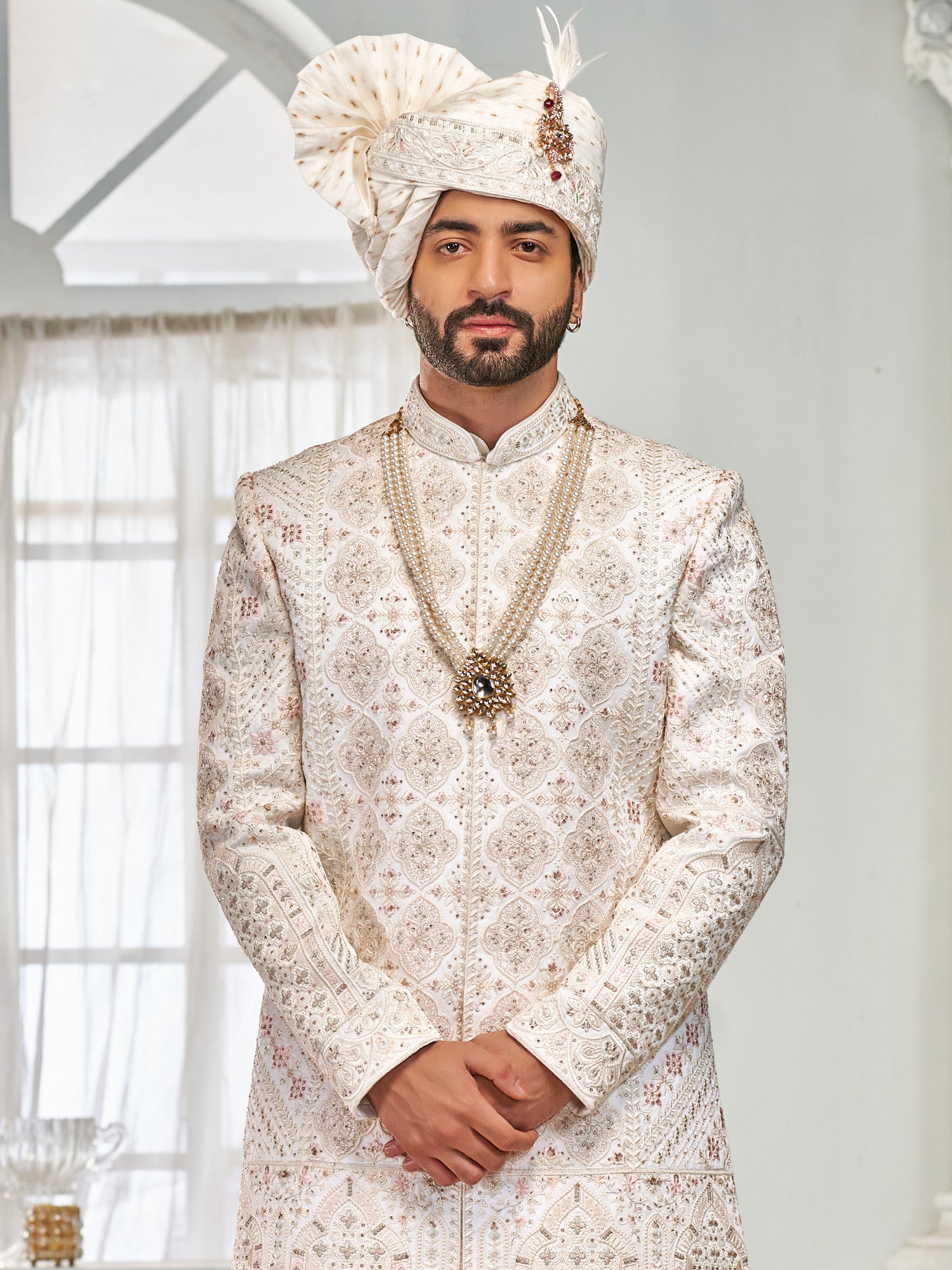 Off White Stone Embellished Sherwani For Men