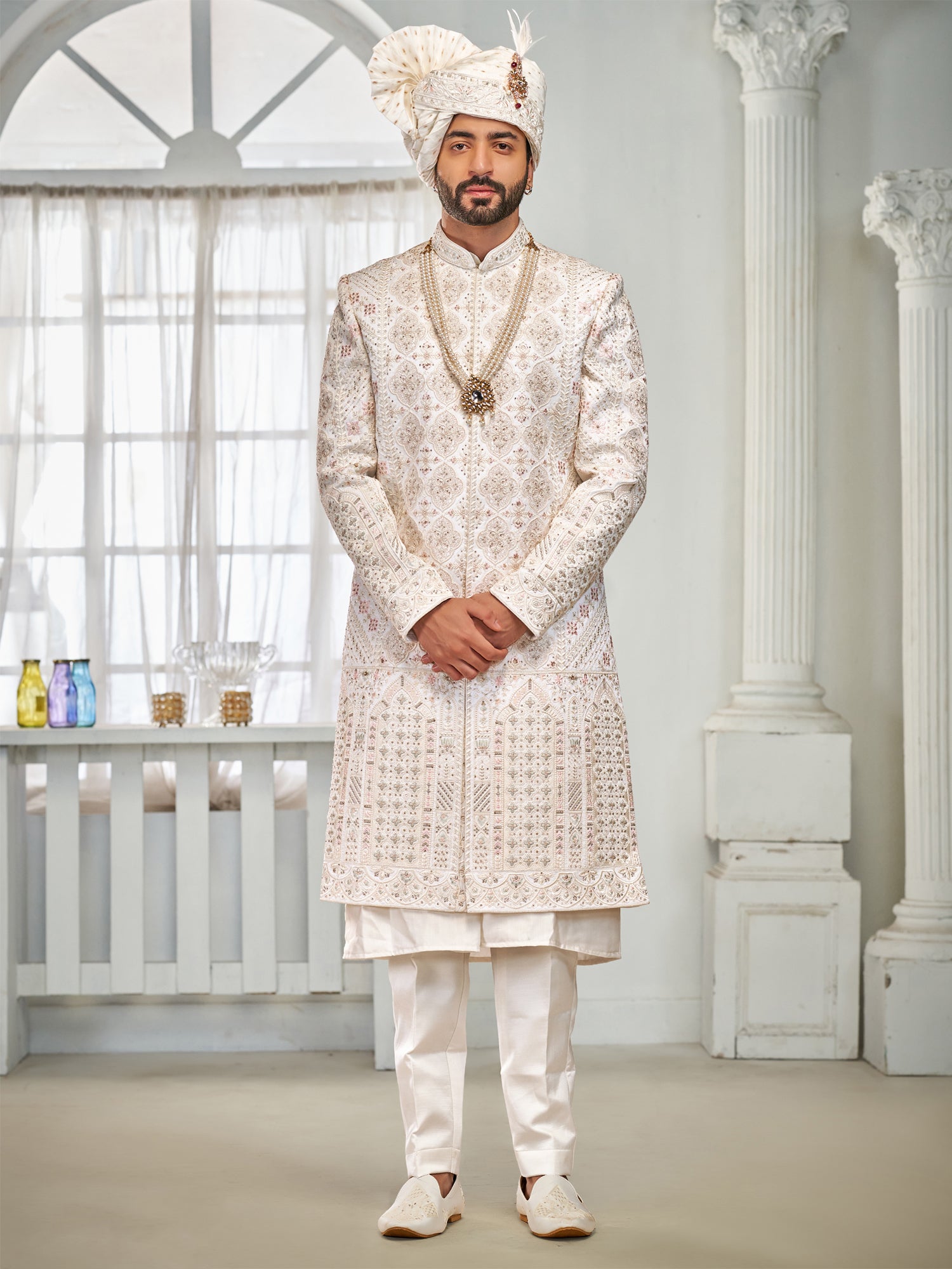 Off White Stone Embellished Sherwani For Men
