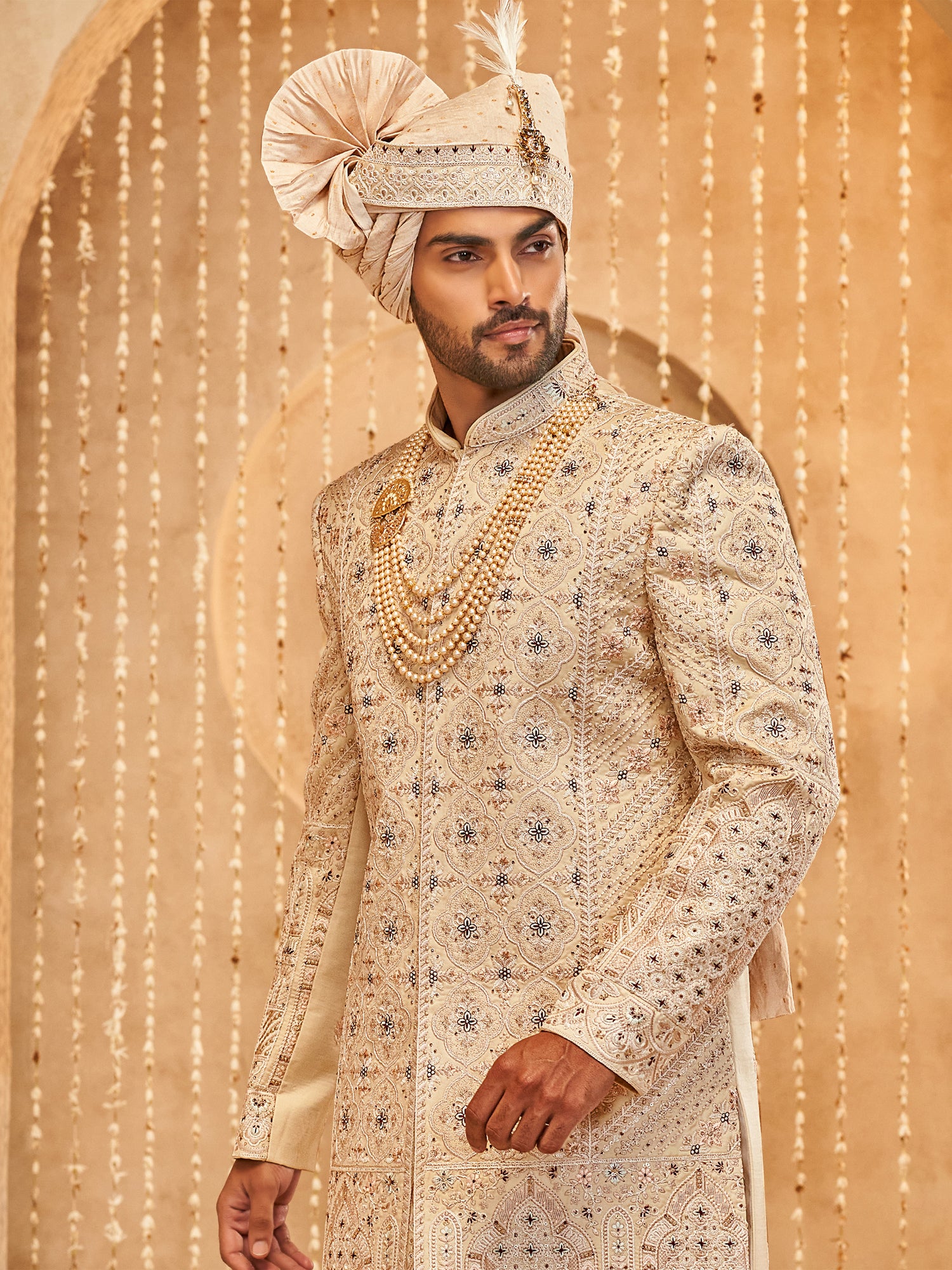 Golden Men's Sherwani In Floral Thread Work