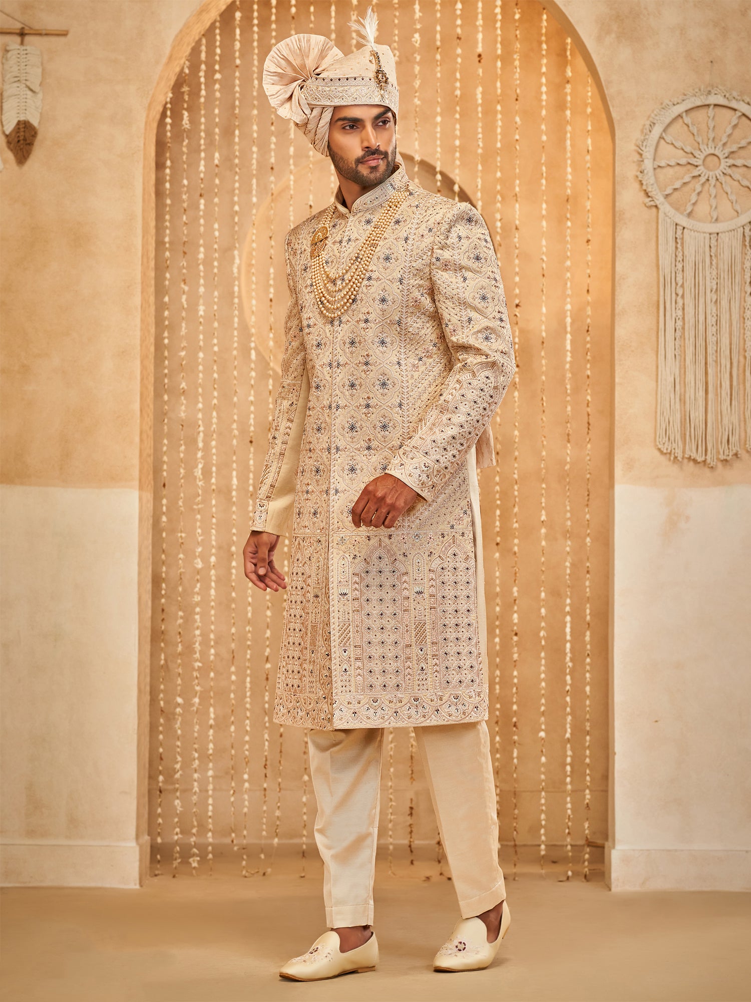 Golden Men's Sherwani In Floral Thread Work
