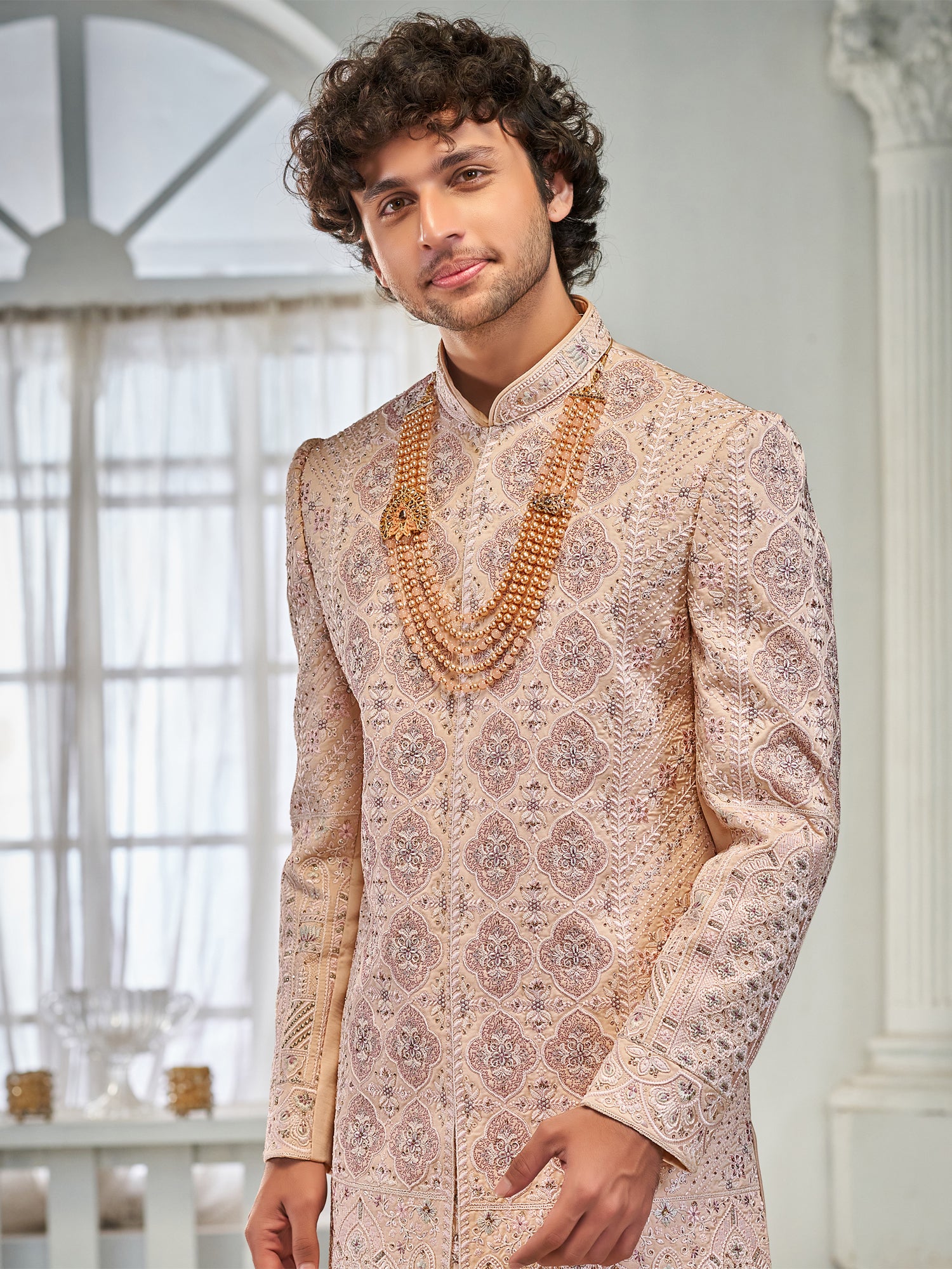 Peach Silk Menswear Sherwani In Heavy Embroidery