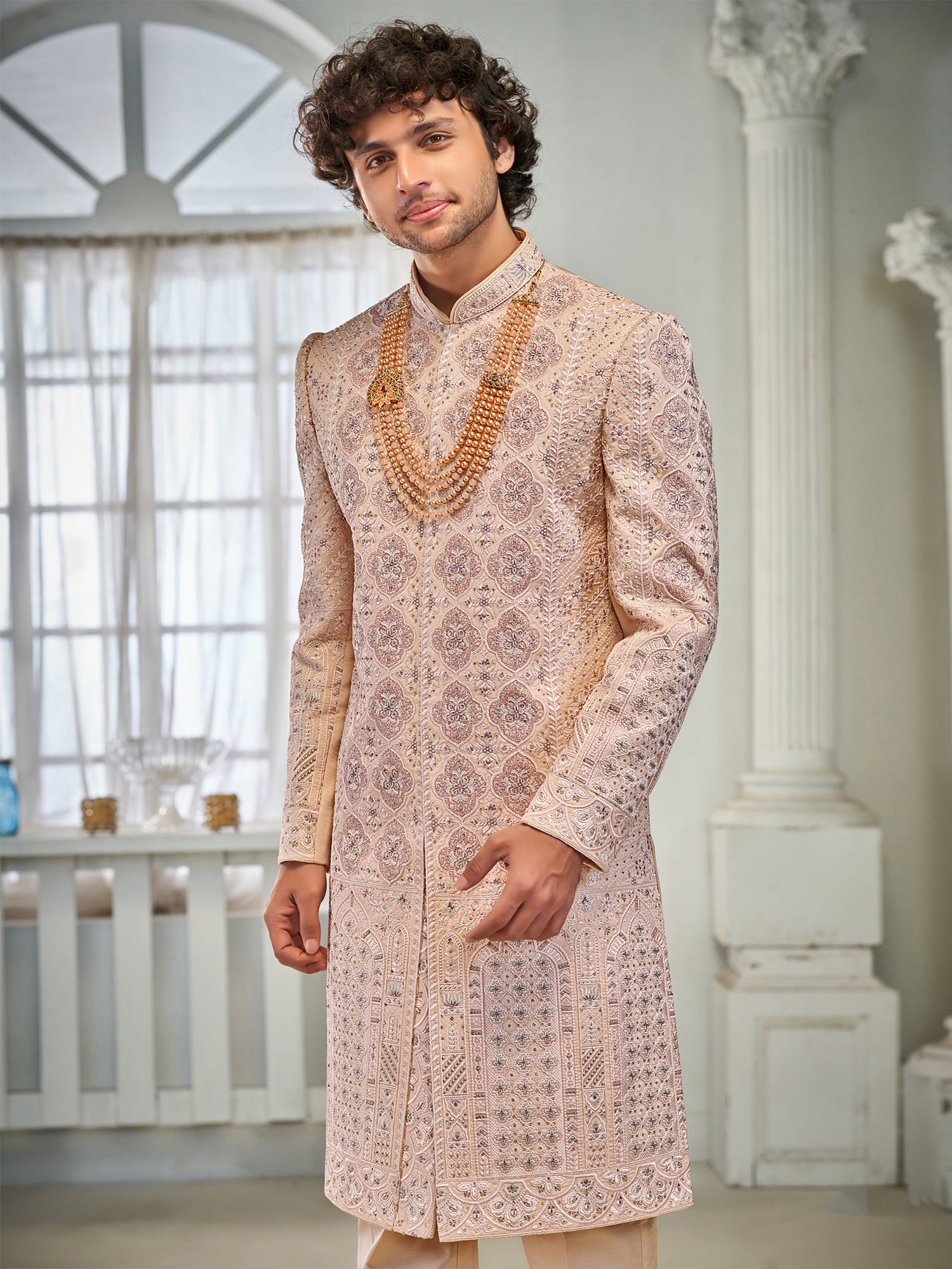 Peach Silk Menswear Sherwani In Heavy Embroidery