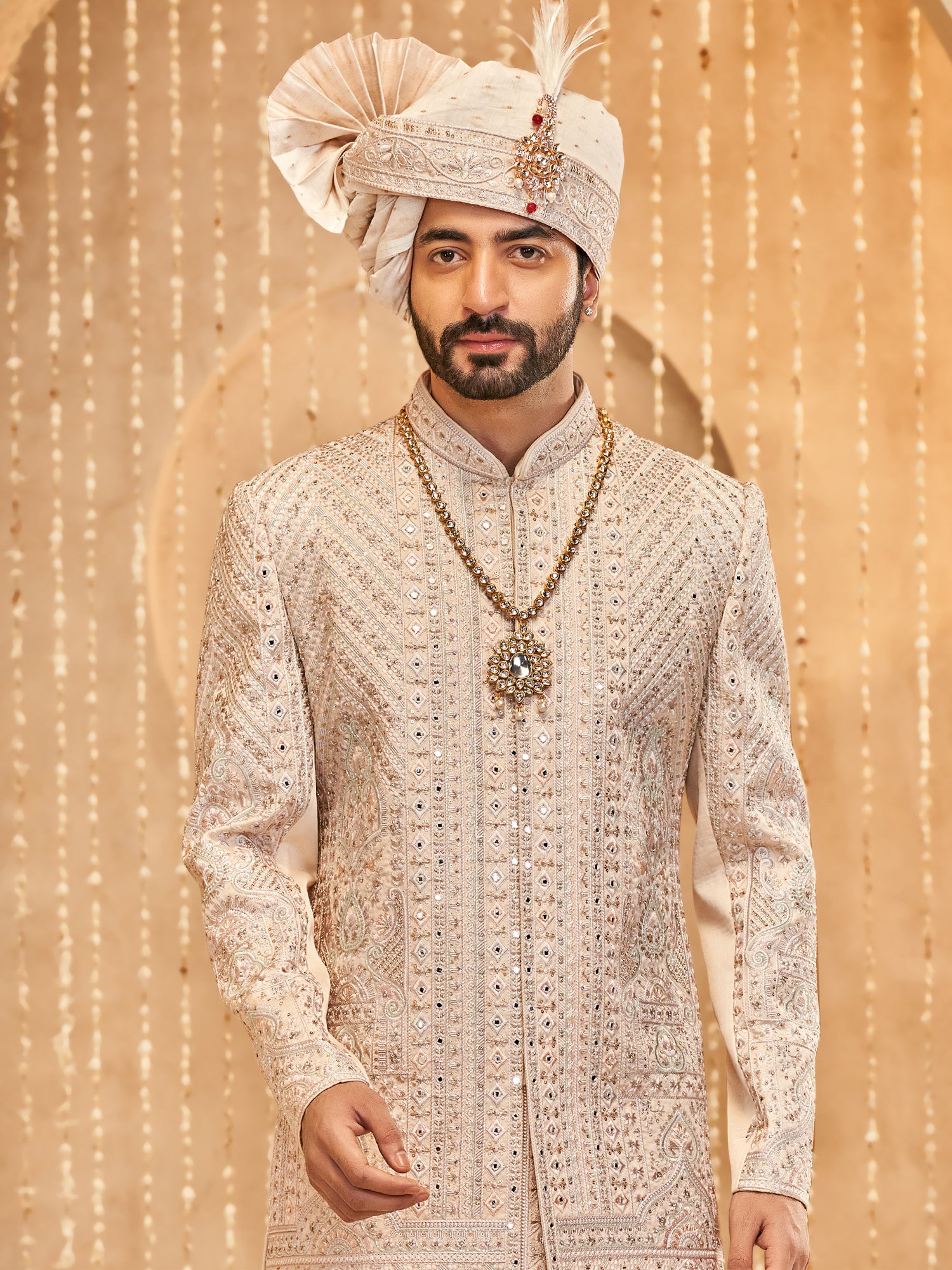 Cream Wedding Sherwani In Mirror Embellishment