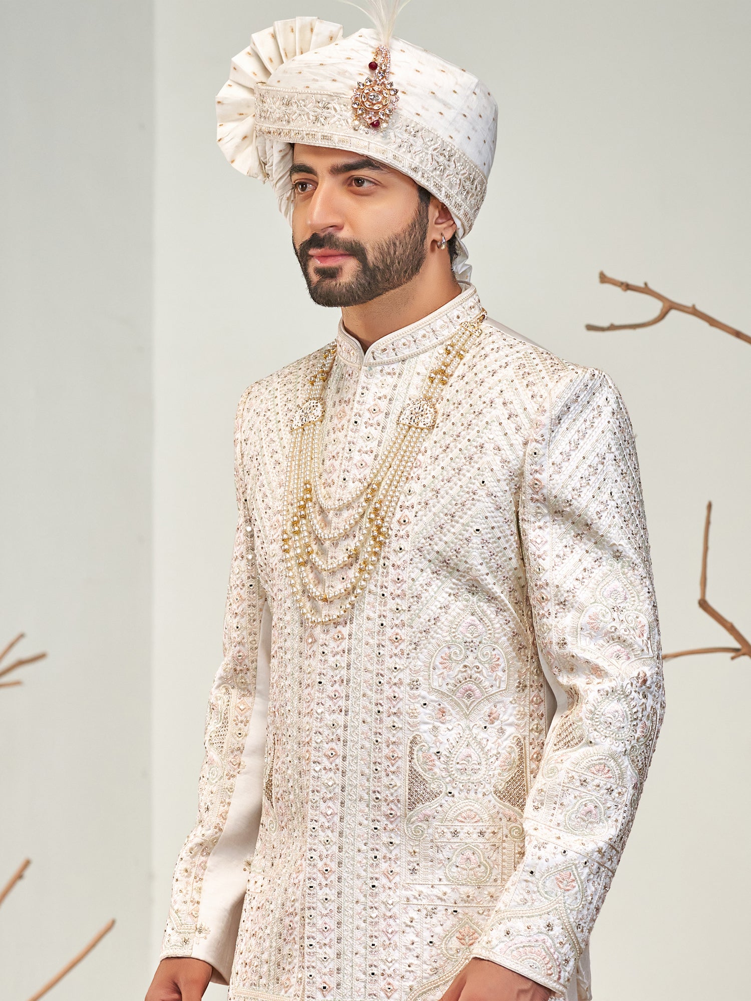 Off White Mirror Work Groom's Sherwani Set
