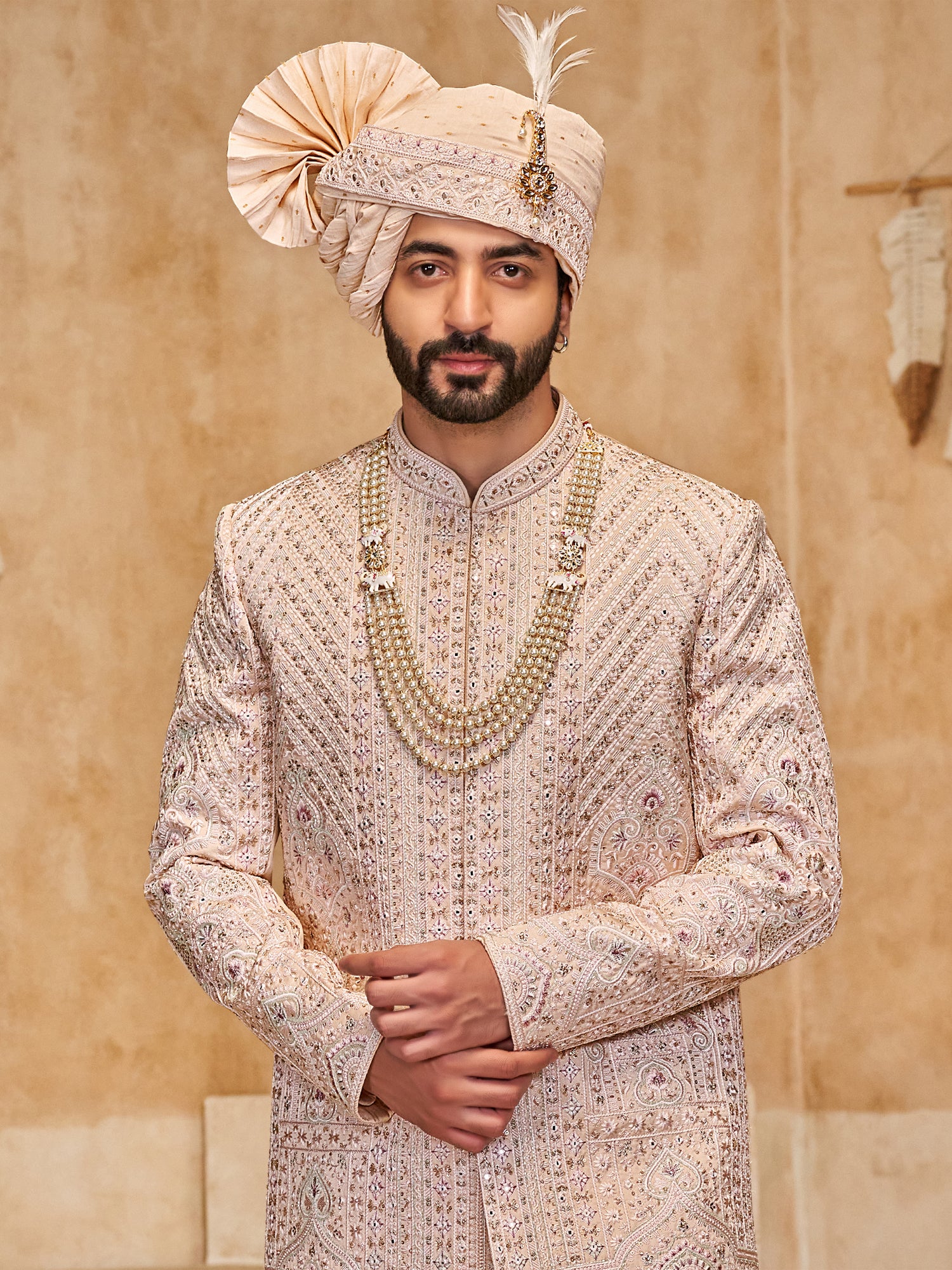 Peach Mirror Augmented Wedding Sherwani Set