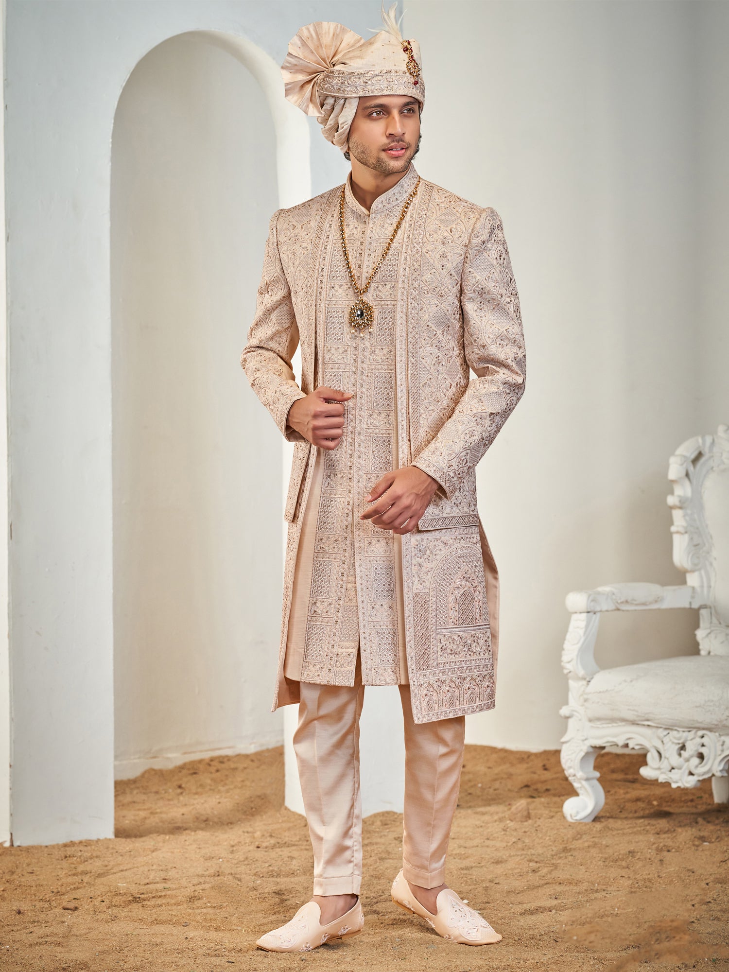 Cream Menswear Sequins Work Layered Sherwani