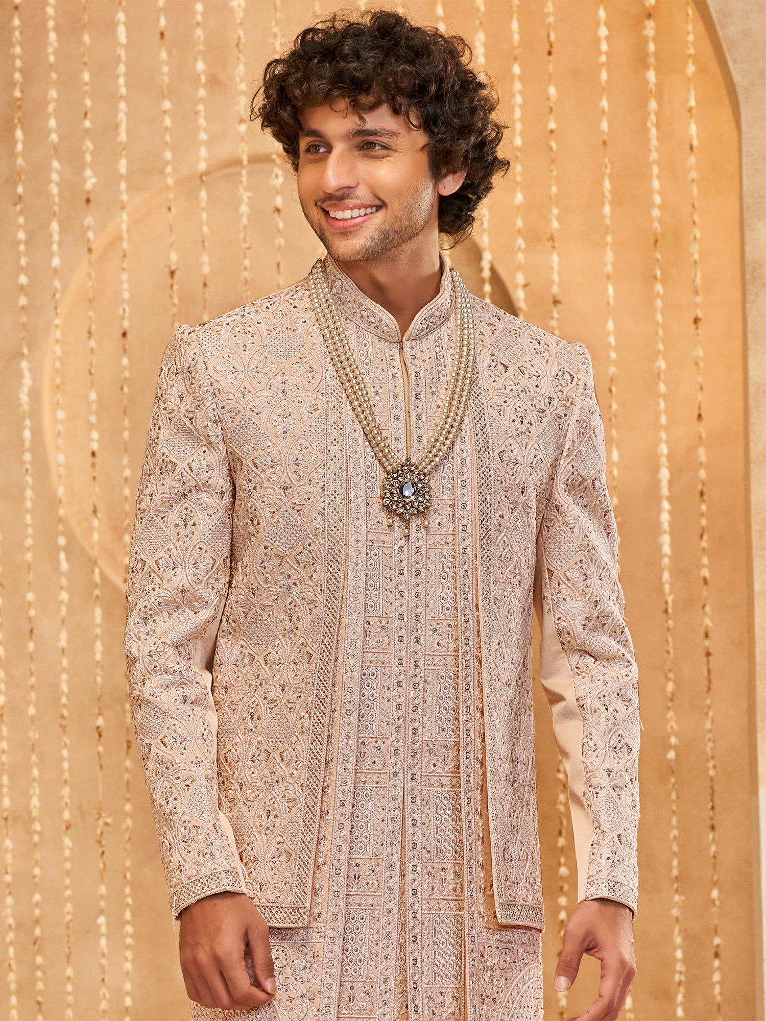 Peach Heavy Thread Work Layered Sherwani For Mens