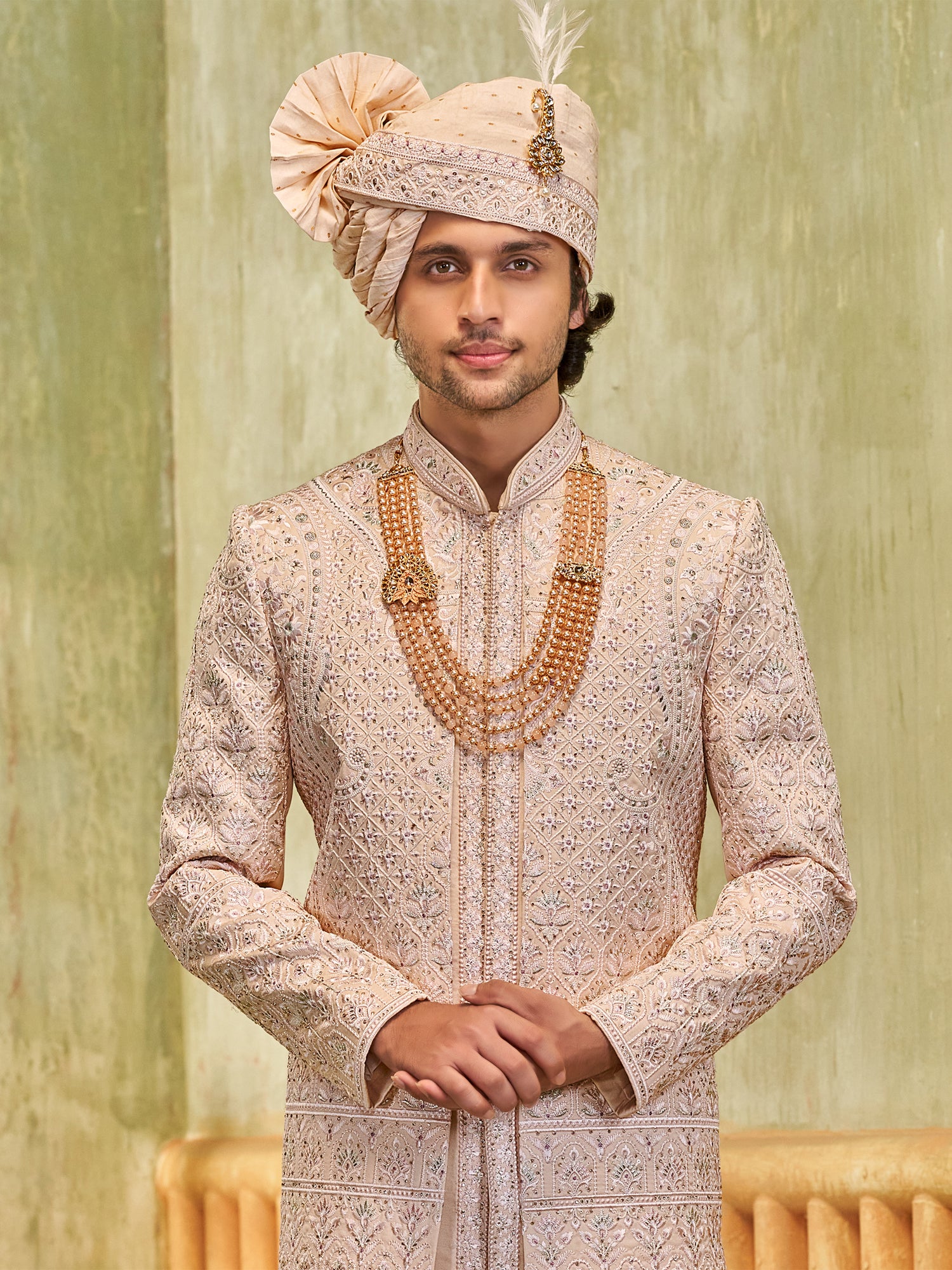 Peach Silk Sherwani For Men In Floral Embroidery