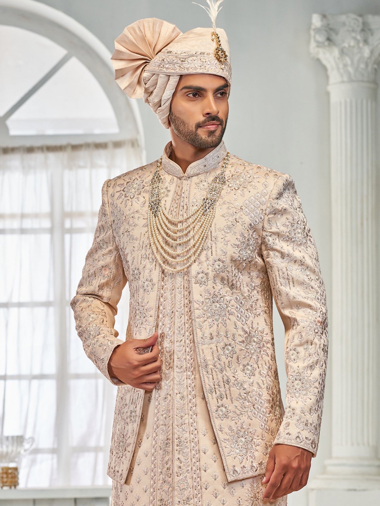 Cream Heavy Floral Enhanced Sherwani For Groom