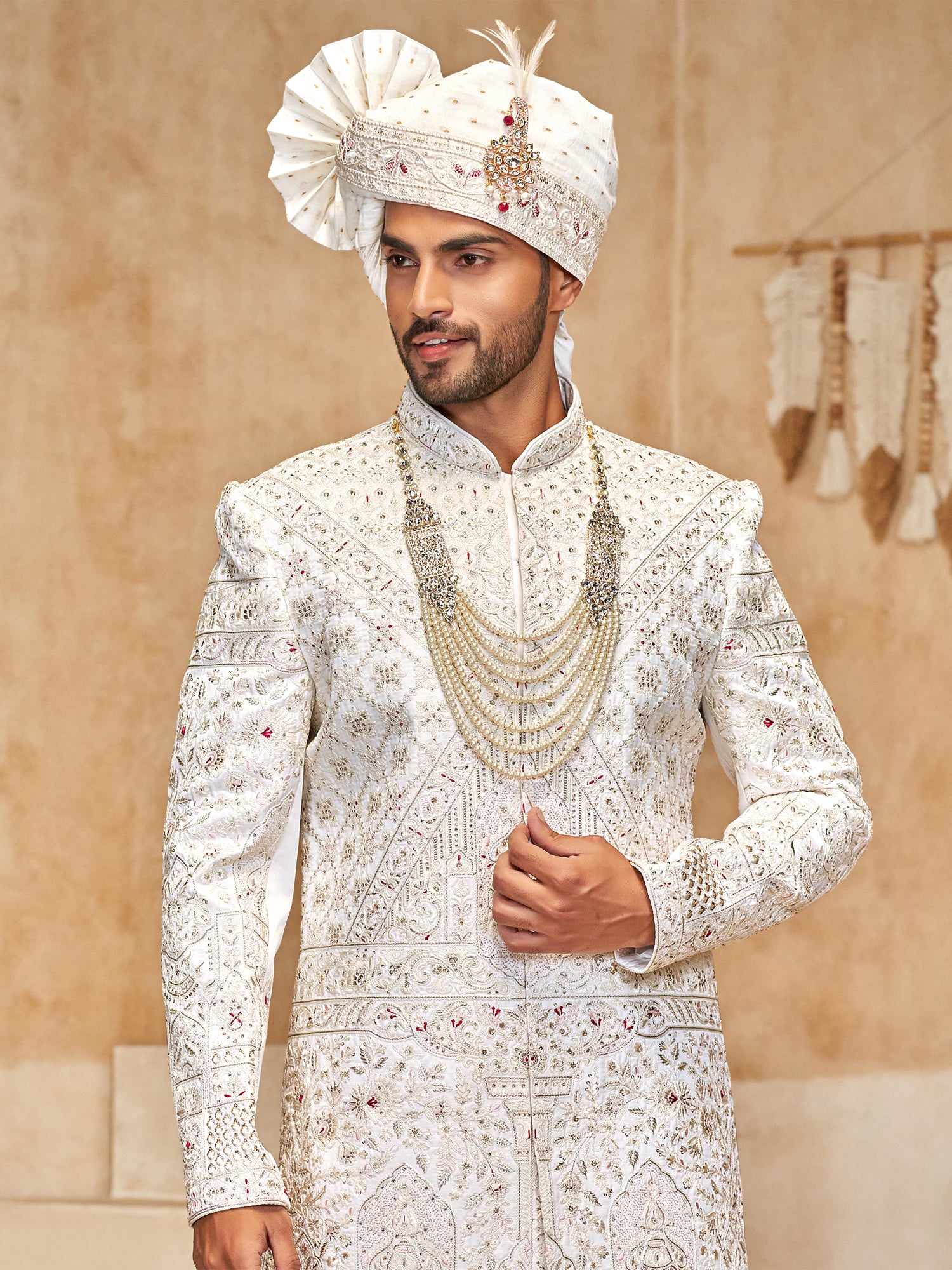White Heavy Embroidered Menswear Silk Sherwani